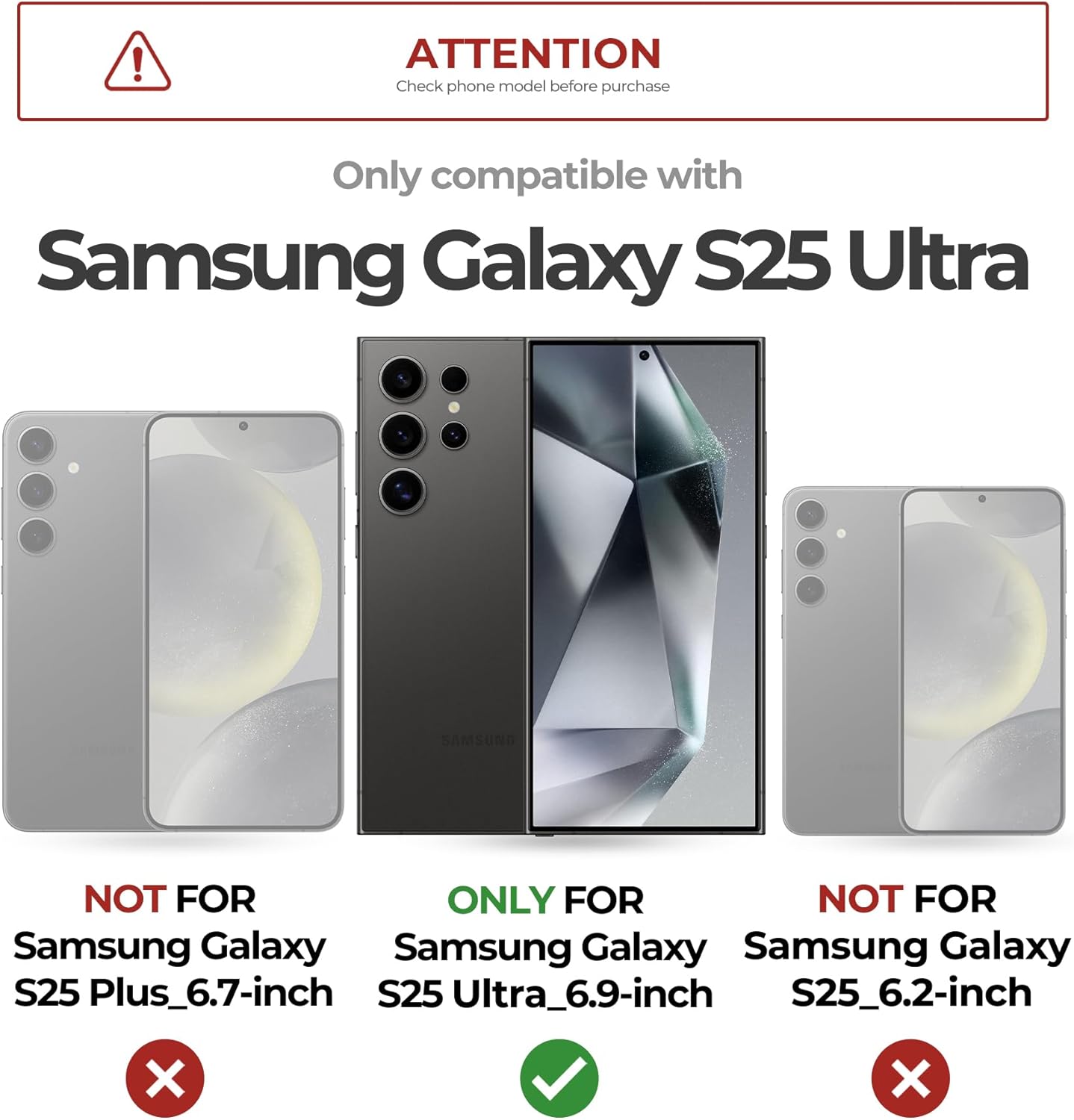 Image showing compatibility of the case only with Samsung Galaxy S25 Ultra, not Plus or standard S25 models.