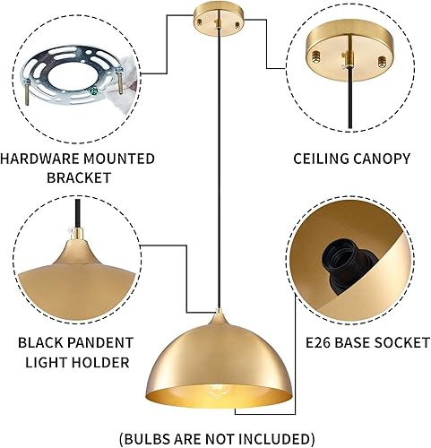 Miniatura 3 de Paquete de 2 lámparas colgantes industriales galvanizadas en oro de 11.8 pulgadas, lámparas colgantes mentales para isla de cocina, lámpara colgante