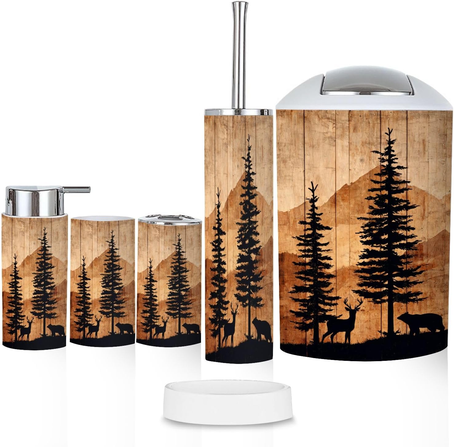 Bathroom Accessory Set 6 Piece Cozy Rustic Nature Scene Deer Bear Glowing Sunset Toothbrush Cup Toothbrush Holder Soap Dispenser Soap Dish Trash Can with Lid Toilet Brush Holder Counter Decor