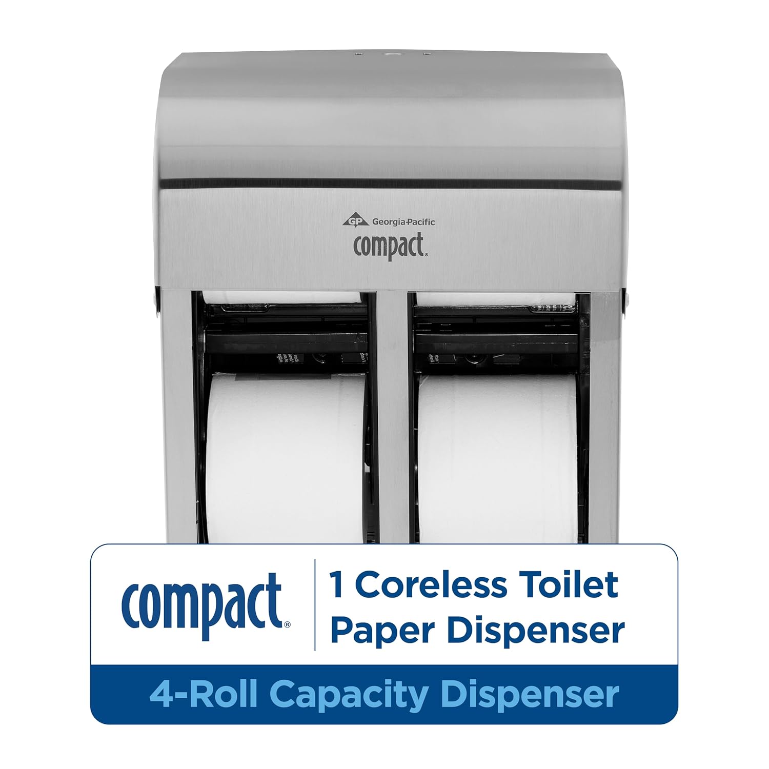 Georgia-Pacific Compact 4-Roll Quad Coreless High-Capacity Toilet Paper Dispenser by GP PRO (Georgia-Pacific); Stainless; 56748; 11.750" W x 6.900" D x 13.250" H