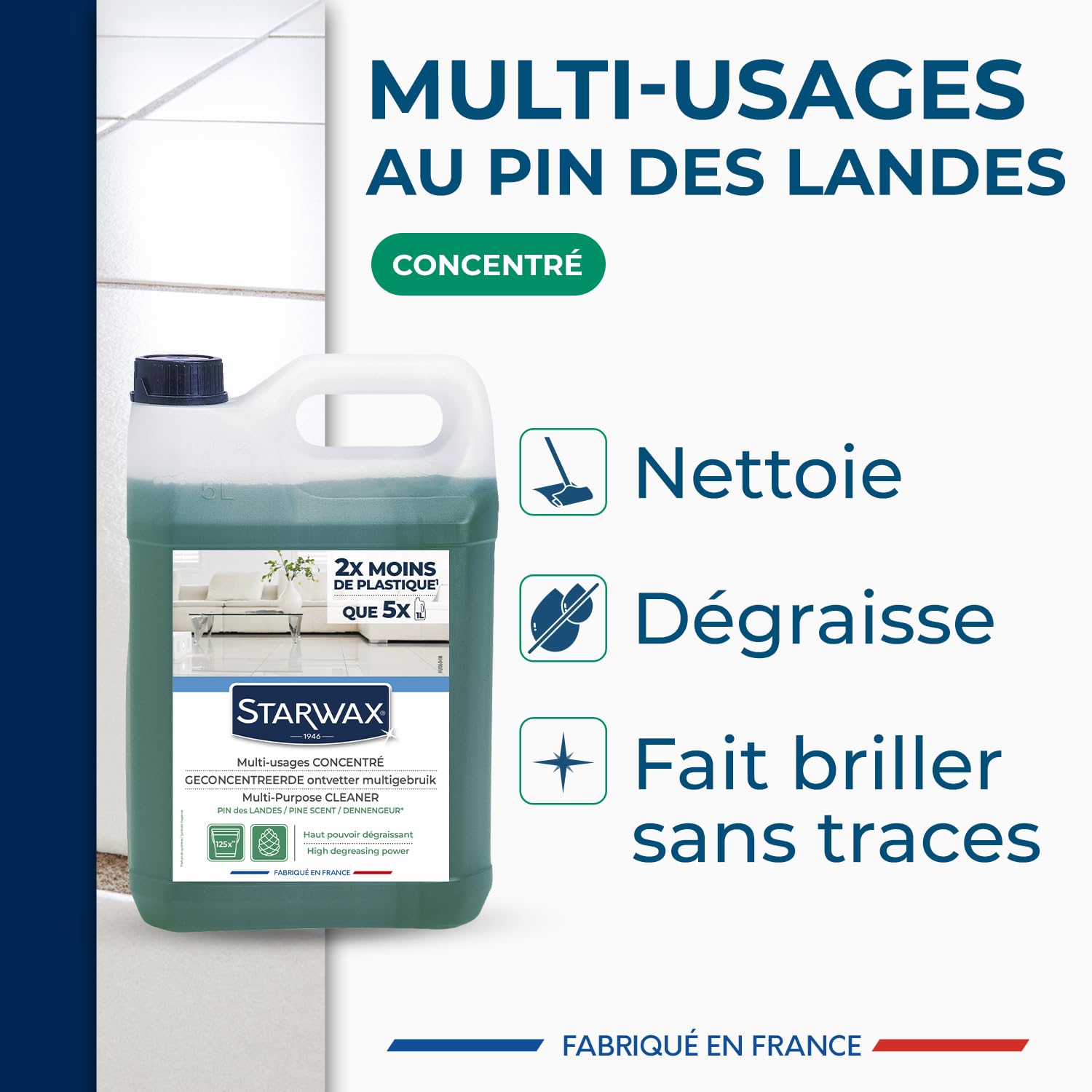 STARWAX Nettoyant multi-usages concentré parfum pin des landes 5L | Nettoie et dégraisse sols et surfaces lavables, sans ammoniaque ni javel, sans rinçage, compatible robots, grand format