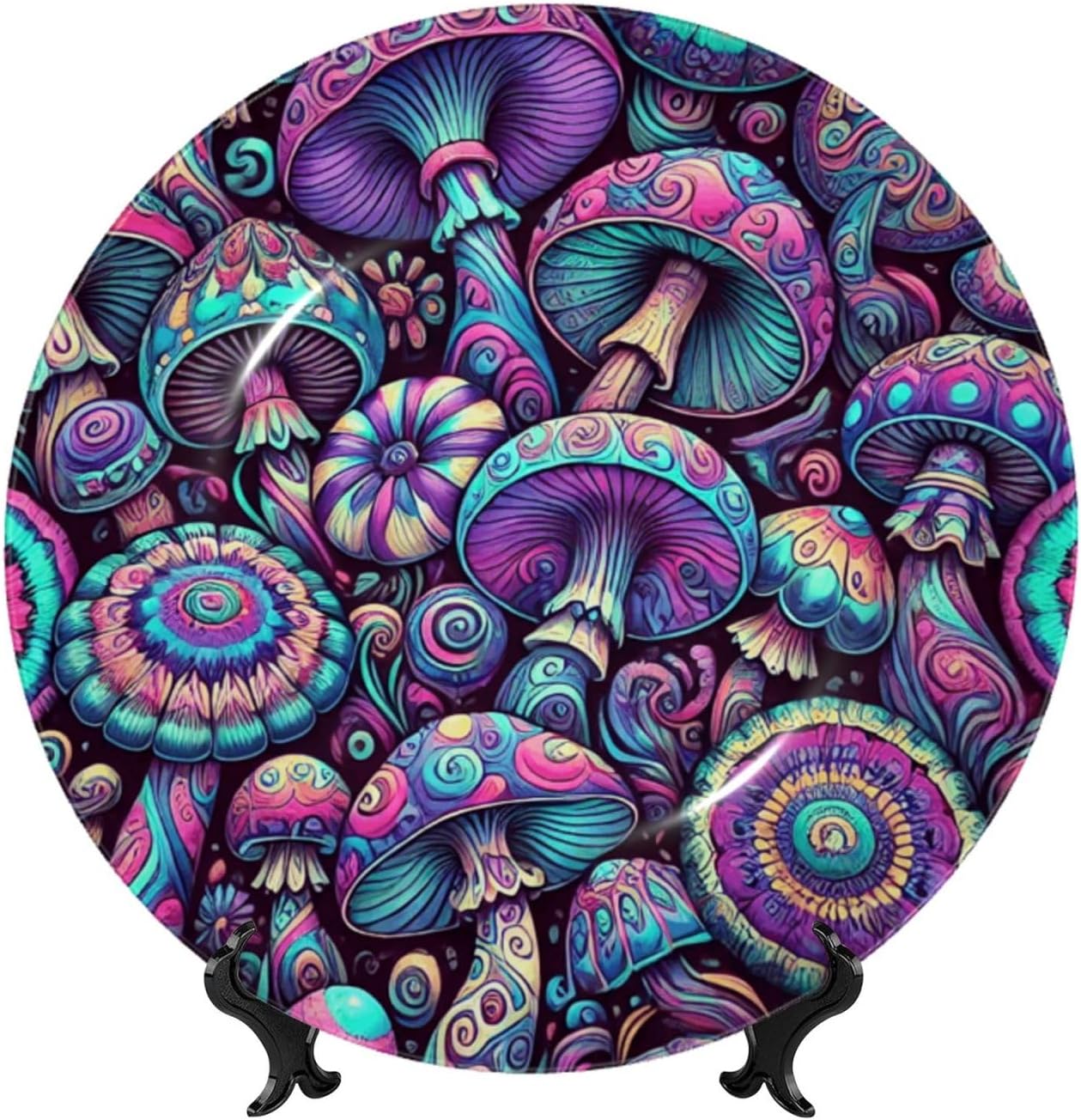 Psychedelic-Mushrooms 10 Inch Decorative Plate With Stand, Elegant Display Wall Plate For Home Decor