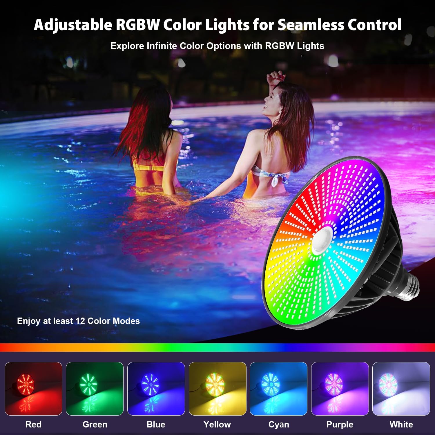 LED Pool Light Bulb Enhanced Signal Coverage Remote RGB Color Changing Pool Lights E26/E27 Bulb Replacement for Swimming Above Ground Inground Pool Hayward Fixtures(90W,RGB)