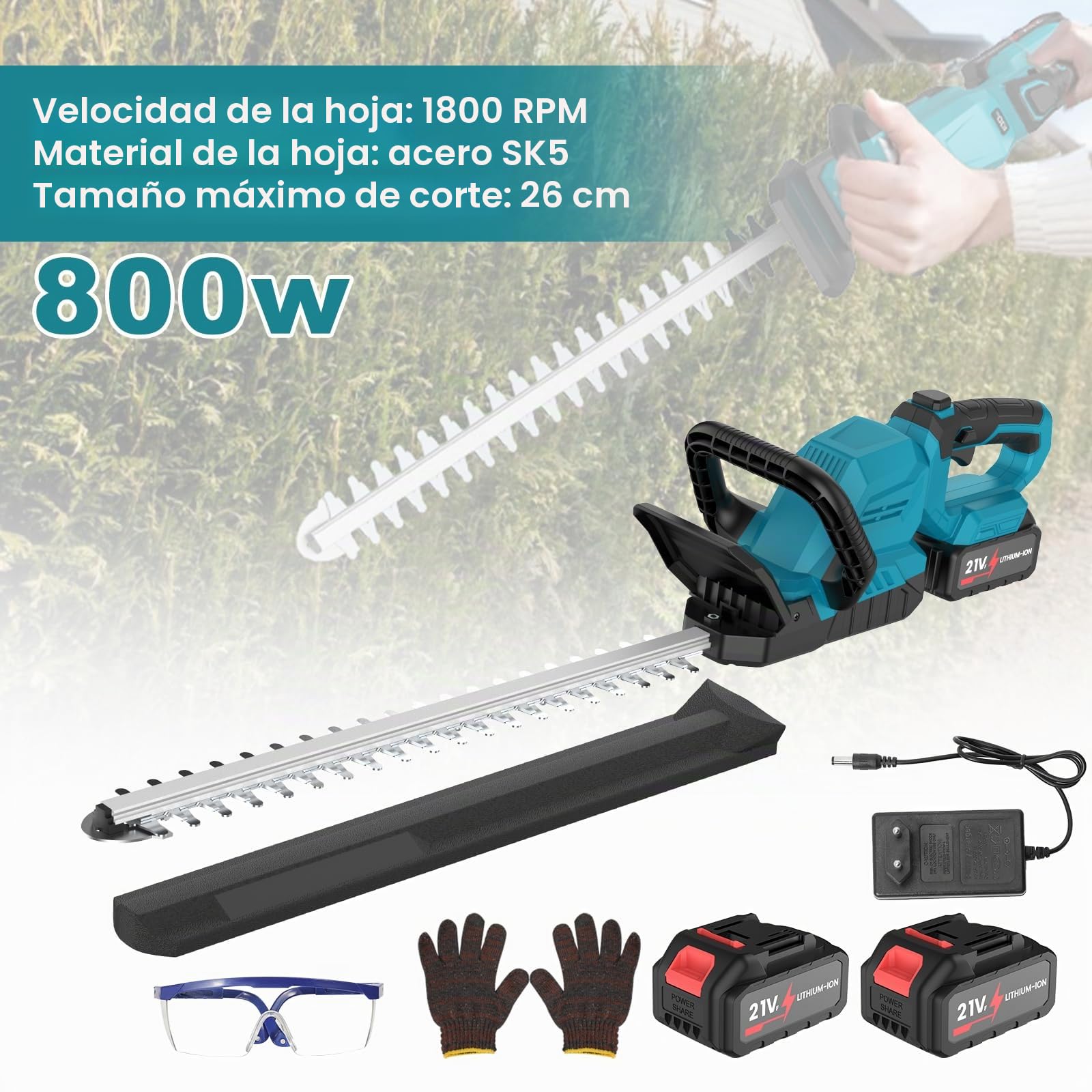 Cortasetos inalámbrico para baterías Makita, cortasetos eléctrico con 2 baterías de 3000 mAh, longitud de corte de 53 cm, distancia entre dientes de 15 mm, cabezal giratorio de 180°, cortasetos sin