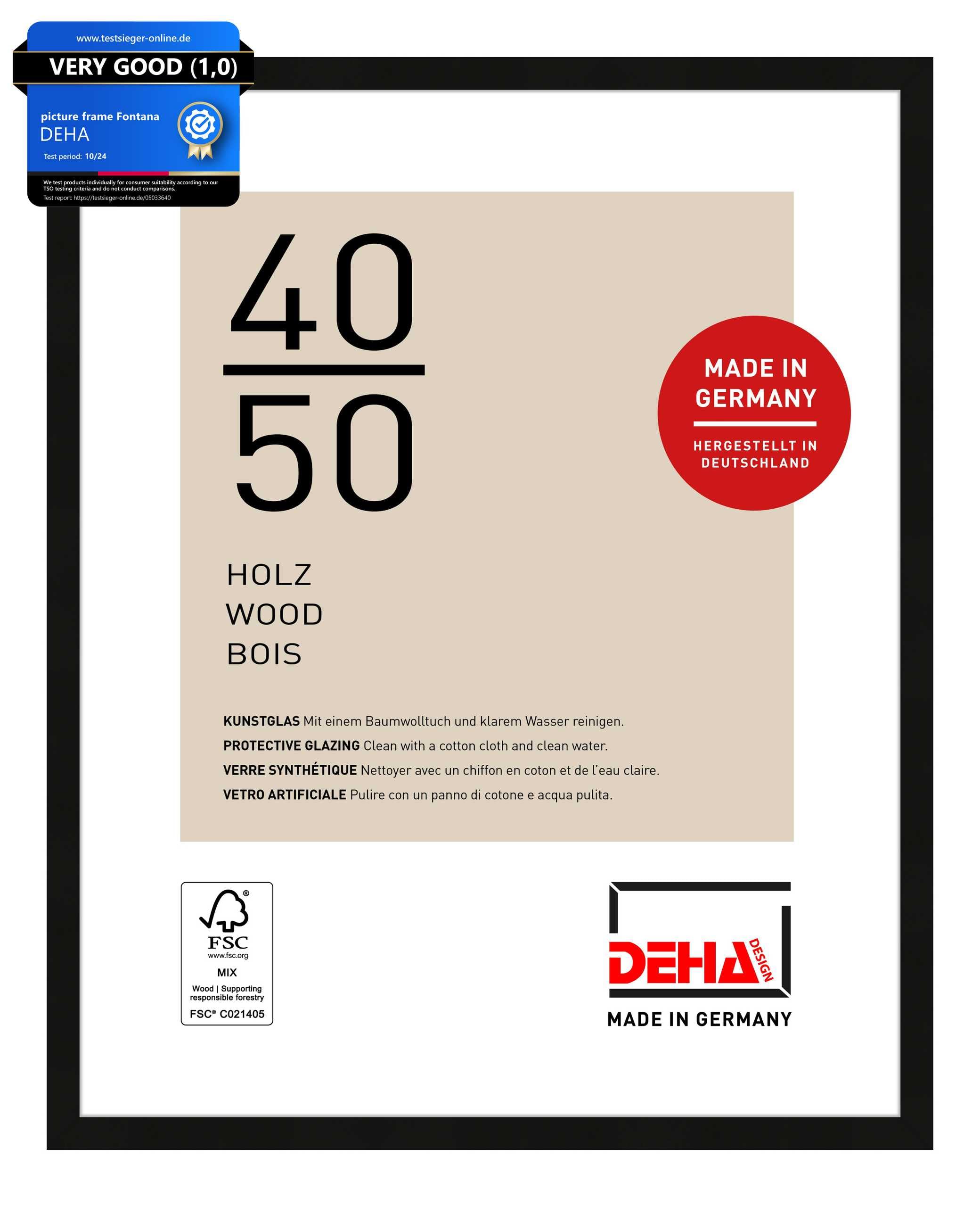 Deha Design Black Fontana Wooden Picture Frame - 40X50 Cm – - With Synthetic Glass And Push/Turn Clips