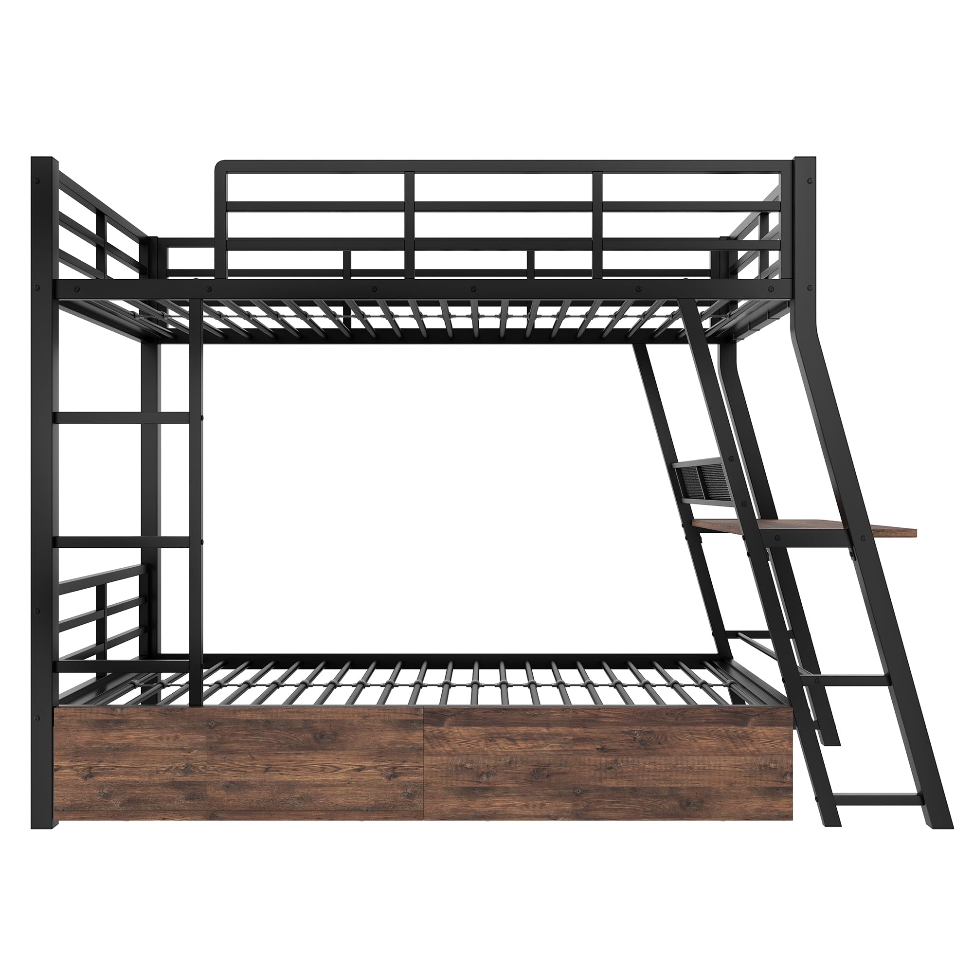 Hochbett Jugendbett 90x200 für 2 Kinder, Kinderbett Etagenbett mit LED-Licht&Schreibtisch&Schubladen&Leiter, Metallbett Stockbett Bettgestell mit Rausfallschutz und Lattenrost, Ohne Matratze, Schwarz