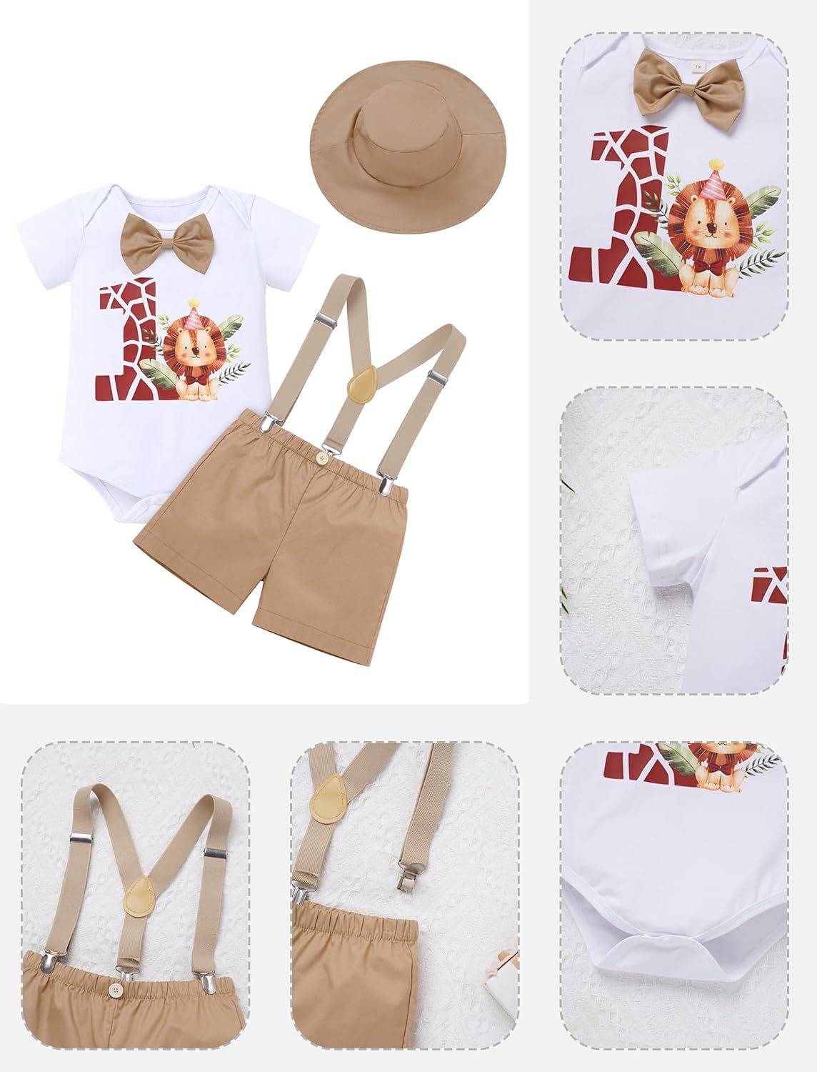 IBTOM CASTLE Baby Boy First Birthday Outfit Safari Jungle Short Sleeve Bowtie Romper Suspenders Shorts Hat Cake Smash Set - Image 6