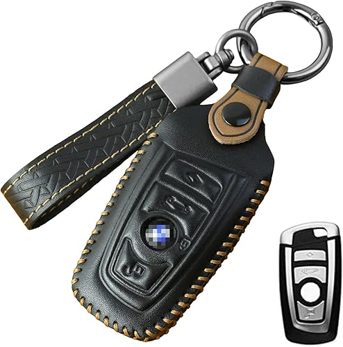 Funda para llavero BMW con llavero, funda de cuero genuino para BMW 1 3 4 5 7 X3 X4 M5 M6 GT3 GT5 Series, negro (Model B-Black)