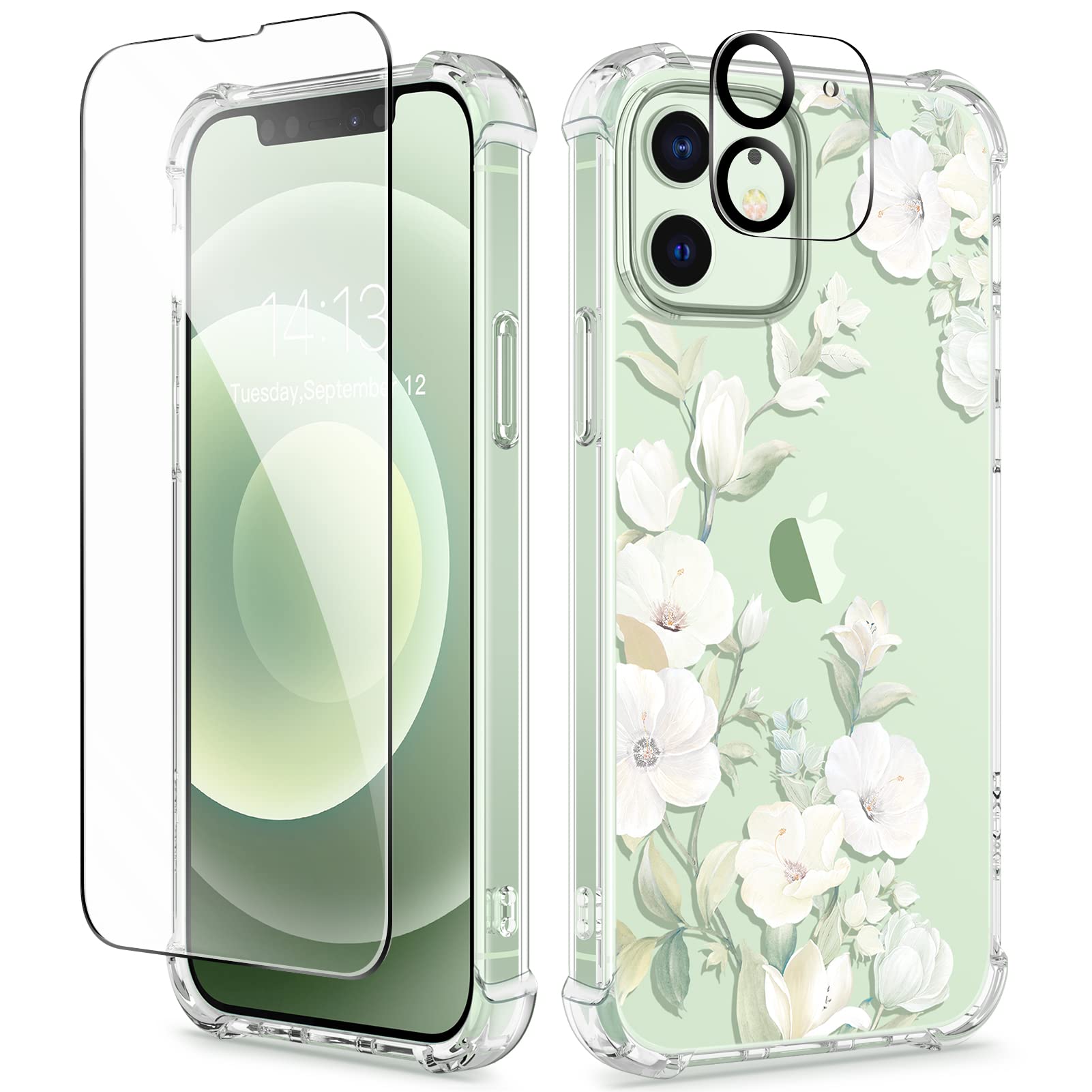 GVIEWIN for iPhone 12 Case and iPhone 12 Pro Case with Screen Protector + Camera Lens Protector, Clear Floral Flexible TPU Shockproof Cover Women Girls Flower Phone Case 6.1"(Hibiscus/Green)