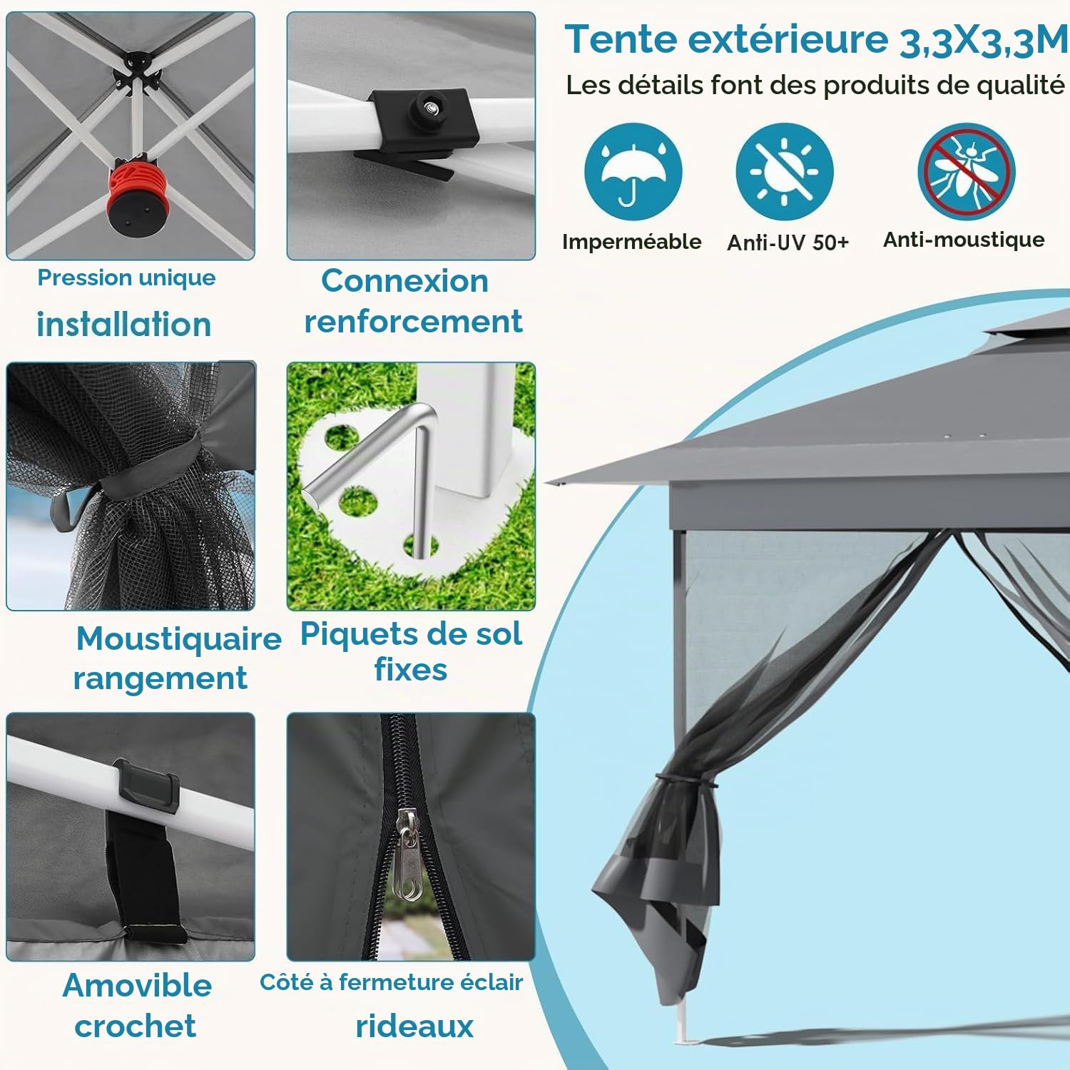 Tonnelle Pliante 3,3 x 3,3 imperméable,avec 4 Toiles Moustiquaires, One Push Tonnelle de Jardin,Tente de fête à Double Toit, 4 PCS Sacs de Sable, pour terrasse/marché/Camping/Plage, Gris Foncé