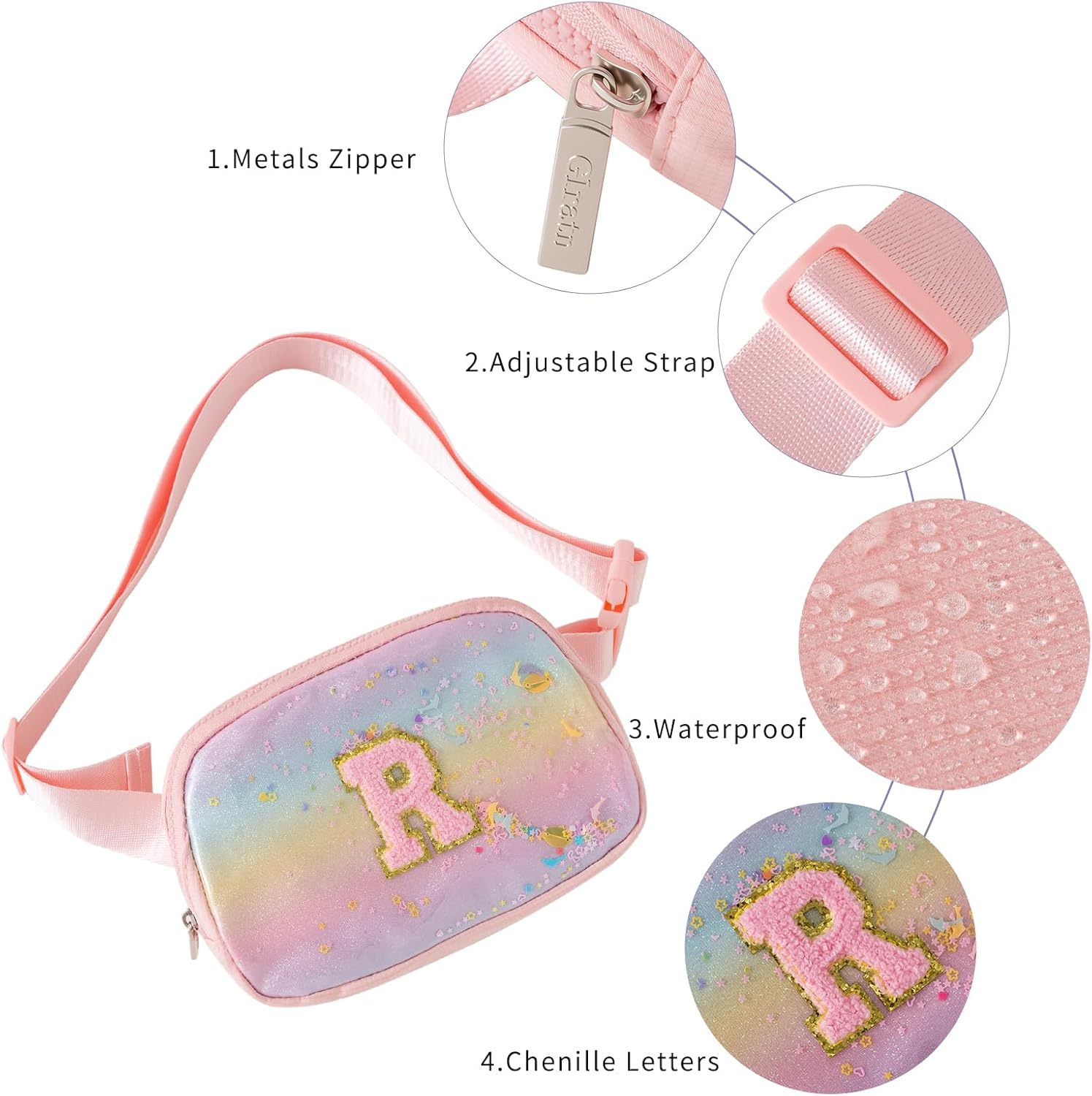 Fanny Pack for Girls,Birthday Easter Gifts,Chenille Initial Letter Girls Crossbody Bag,Preppy Teen Belt Bag for Graduation Travel Gifts,Cute Sequin Trendy Stuff. (T, Pink) - Image 3