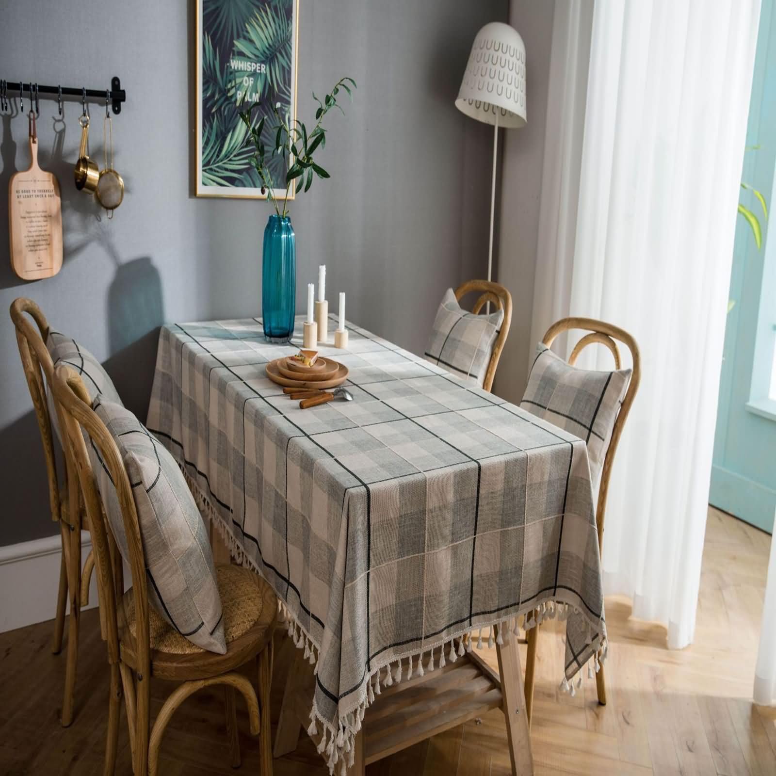 Nappe Gris Carré Extérieur Antitache, Motif à Carreaux avec Glands, Mélange Coton et Lin, 140 x 140 cm, Nappe pour Jardin et Terrasse