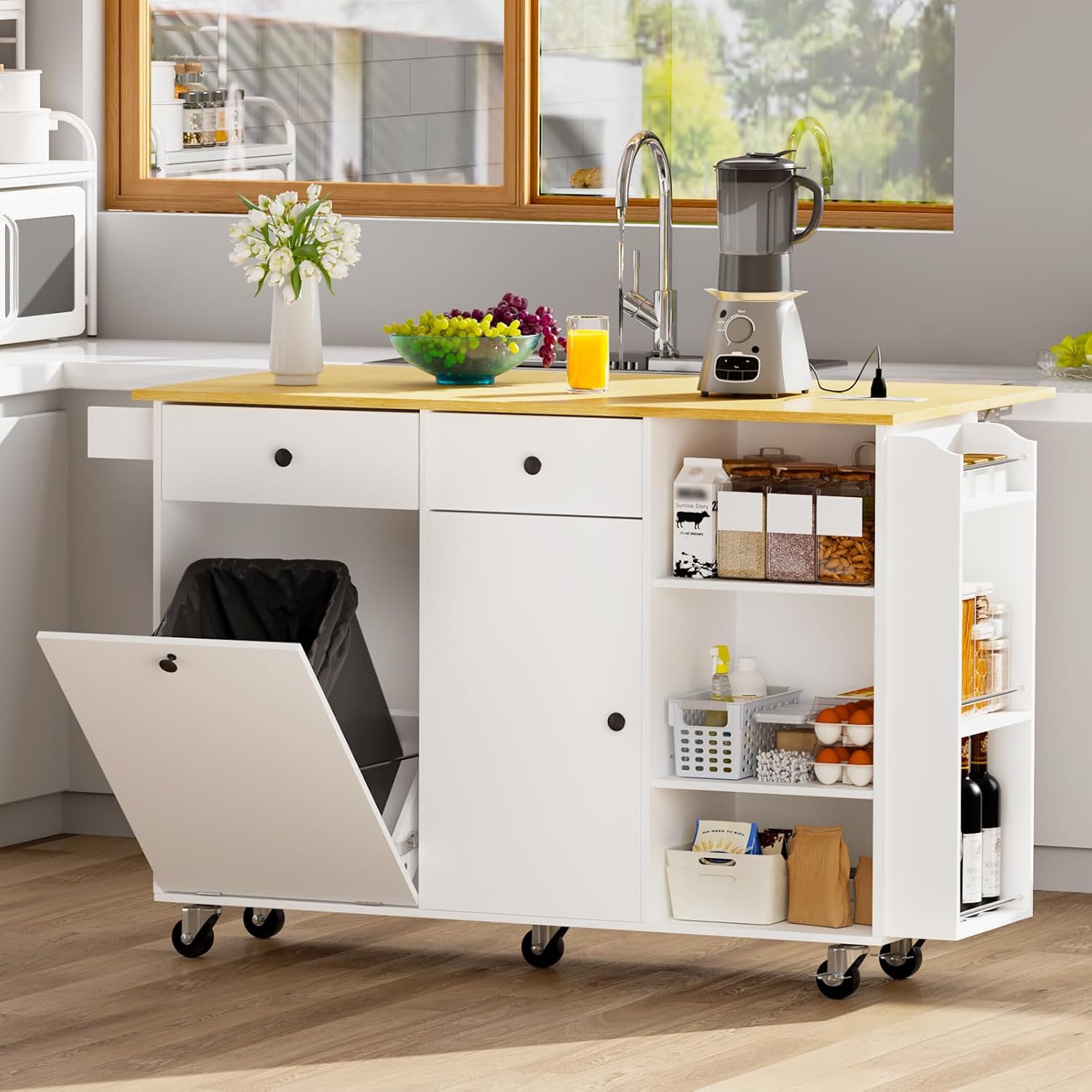50.4" Kitchen Island with Storage，Rolling Kitchen Table with Power Outlet, Multifunctional Kitchen Island Cart with Folding Drop Leaf, Trash Storage Cabinet, Spice Rack, Towel Rack and Drawer (White)