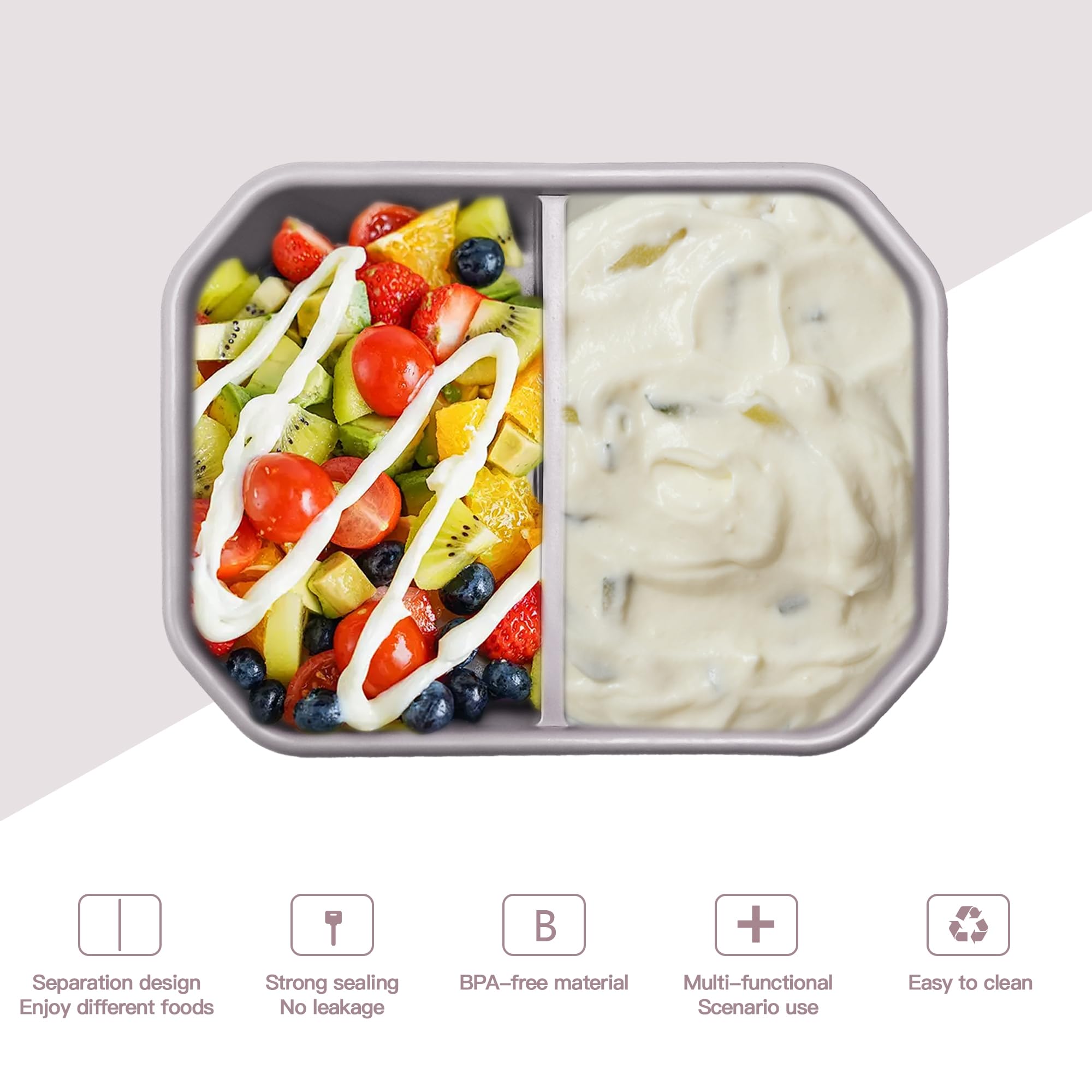 AWINNER Reusable Leak-Proof Food Storage Box, 2-Compartment Bento-Style Lunch Box, Durable, Drop-Proof, Dishwasher Safe, Silicone (Grey)