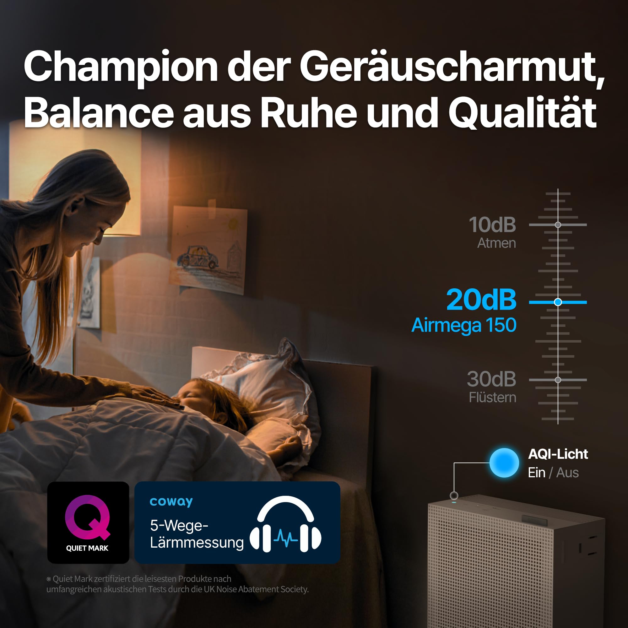 COWAY Luftreiniger Allergiker Zuhause Schlafzimmer air purifier, ECARF und Quiet Mark, Sleep Mode 20 dB, Vorfilter oben entnehmbar und waschbar, Allergie Rauch Pollen Haustiere, Airmega 150, Weiß