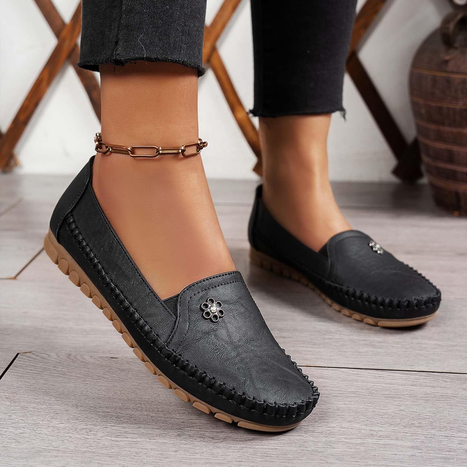 Orthopedic Shoes for Women,Leather Flowers Arch Support Flats Slip On Loafers No Heel Round Toe Wide Width Lightweight Sneakers Walking Casual Dressy Vintage Outdoor Comfortable Shoe - Image 2