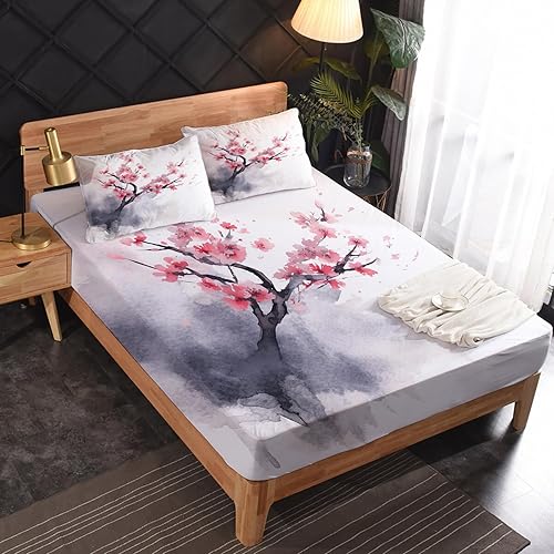 Miniatura 3 de Juego de sábanas japonesas de flor de cerezo California King, sábanas para niños y niñas, juego de sábanas de pintura de tinta con sábana bajera de