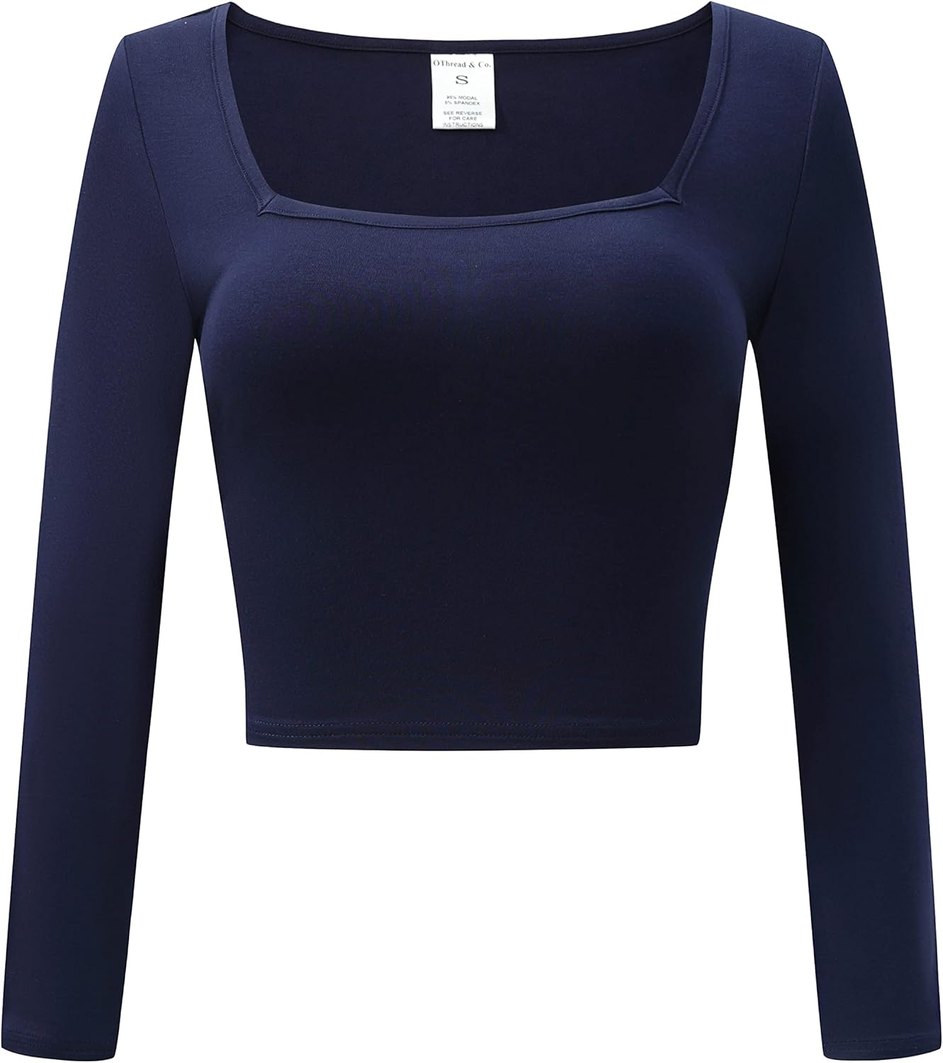 OThread & Co. Women's Long Sleeve Square Neck Crop Top Basic Comfy Stretch Tee