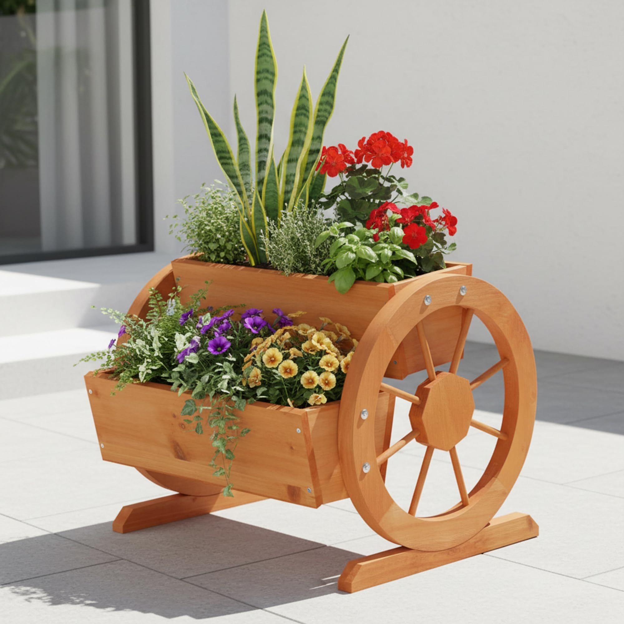 Mucola Pflanzkübel mit Wagenrädern aus Fichtenholz 44x42x40cm – Dekorativer Blumenwagen im Landhausstil mit 2 Pflanzfächern für Garten und Terrasse, Gartendeko Nostalgisch, Natürliche Holzoptik