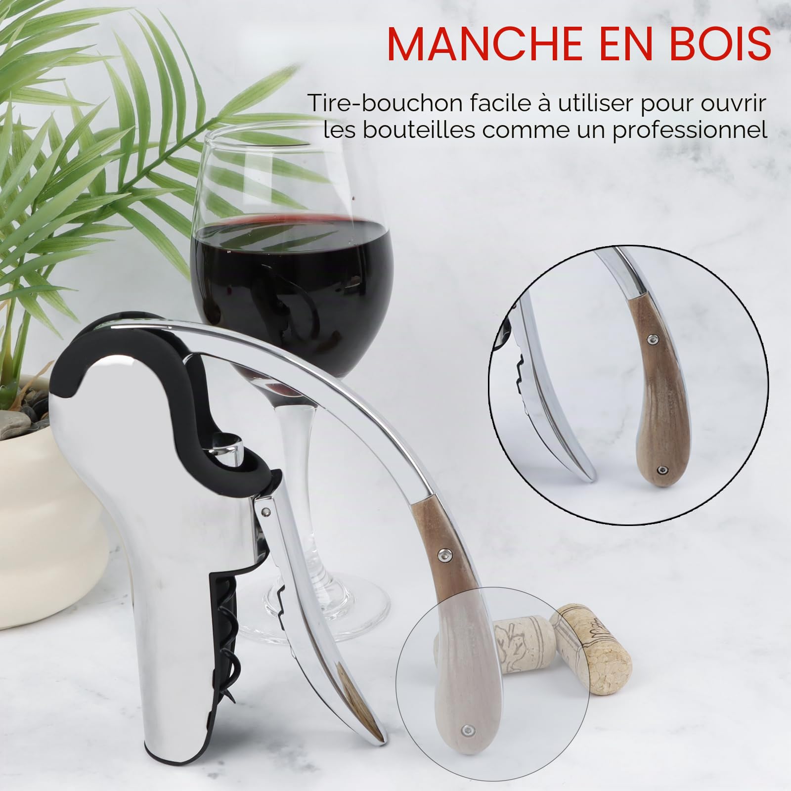 KAYCROWN Tire-bouchon à levier vertical en acier inoxydable avec poignée en bois