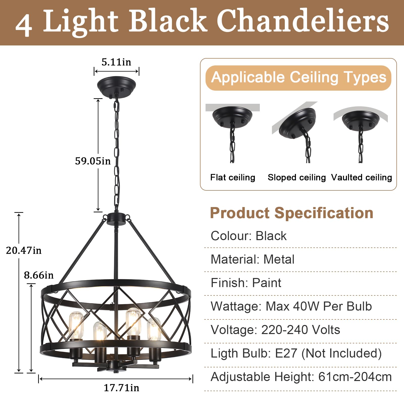 Lampadario Nero a 4 Luci, Lampadari in Stile Rustico Lampade da Soffitto per Soggiorno Lampadario Tamburo Lampada Sospensione per Sala da Pranzo, Corridoio, Ingresso, Camera da Letto