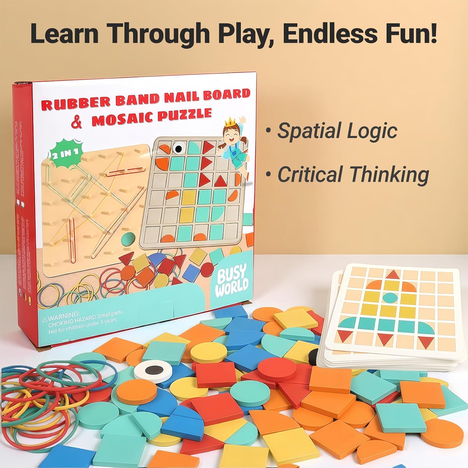 2-in-1 Mosaic Shape Wooden Pattern Blocks Puzzle & Wooden geoboard, Double-Sided Montessori Toys with 120 PCS Blocks, 40 Rubber Bands, 30 Cards