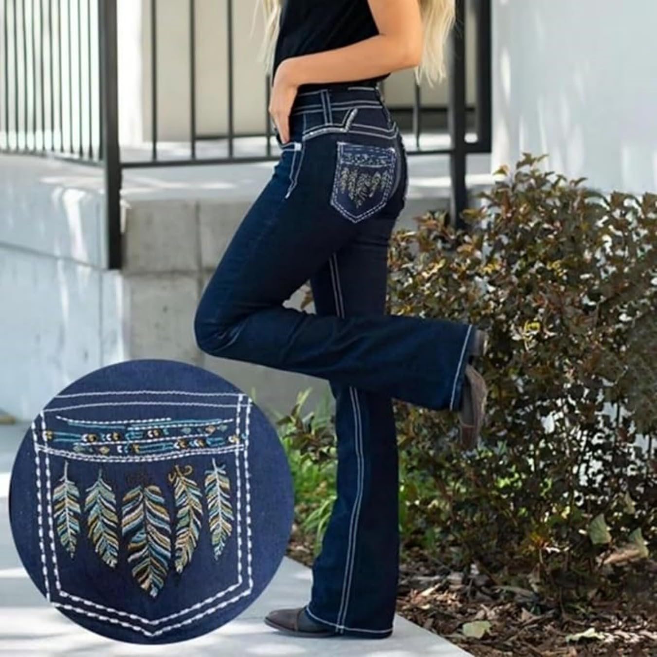 Jeans de corte de bota para mujer, elásticos con bordado de plumas y flores, tiro medio, pantalones de pierna recta