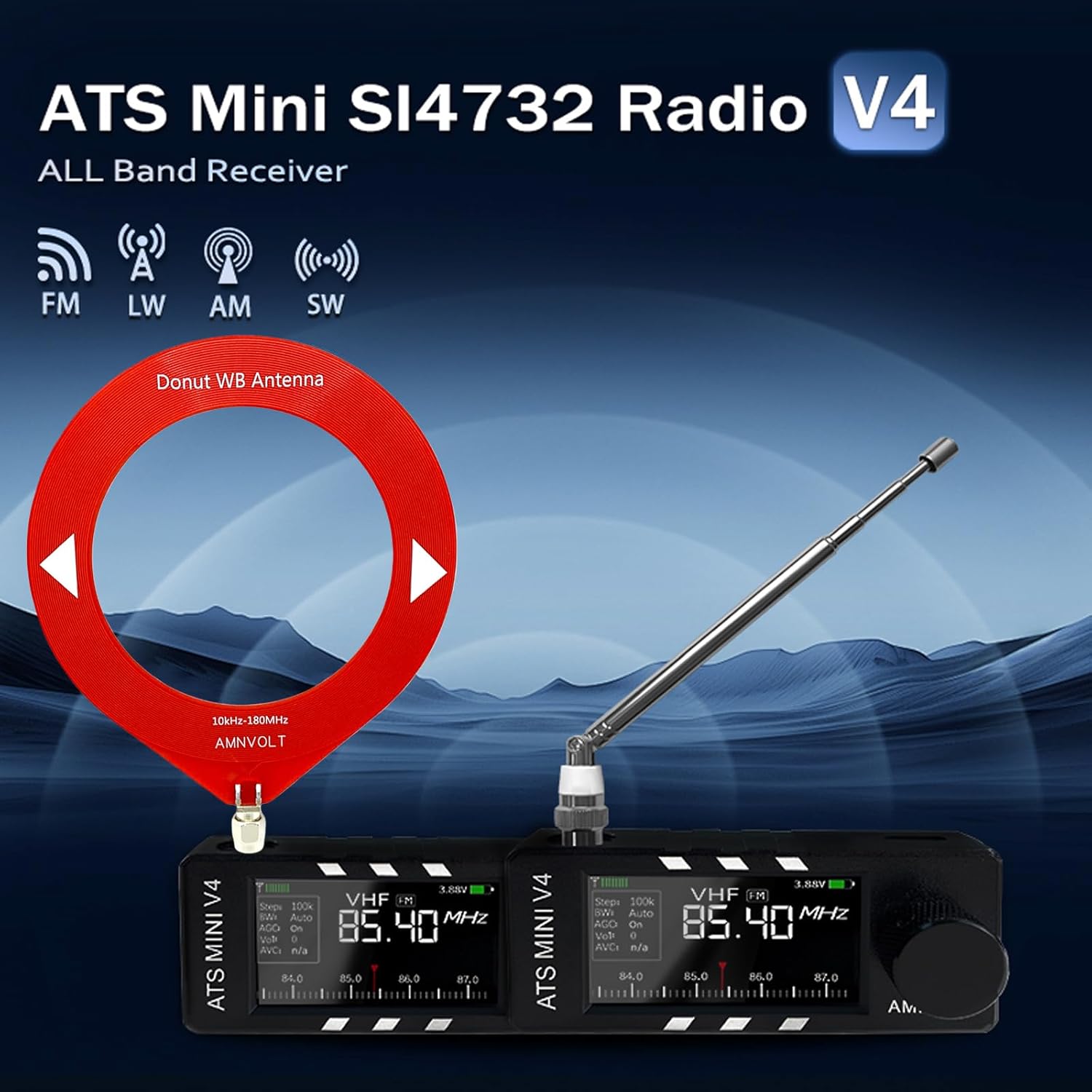 AMNVOLT V4 ATS MINI Portable Radio with 1.9-inch IPS Screen, AM FM LSB USB Transistor Receiver, Headphone Amplifier for Hiking & Camping