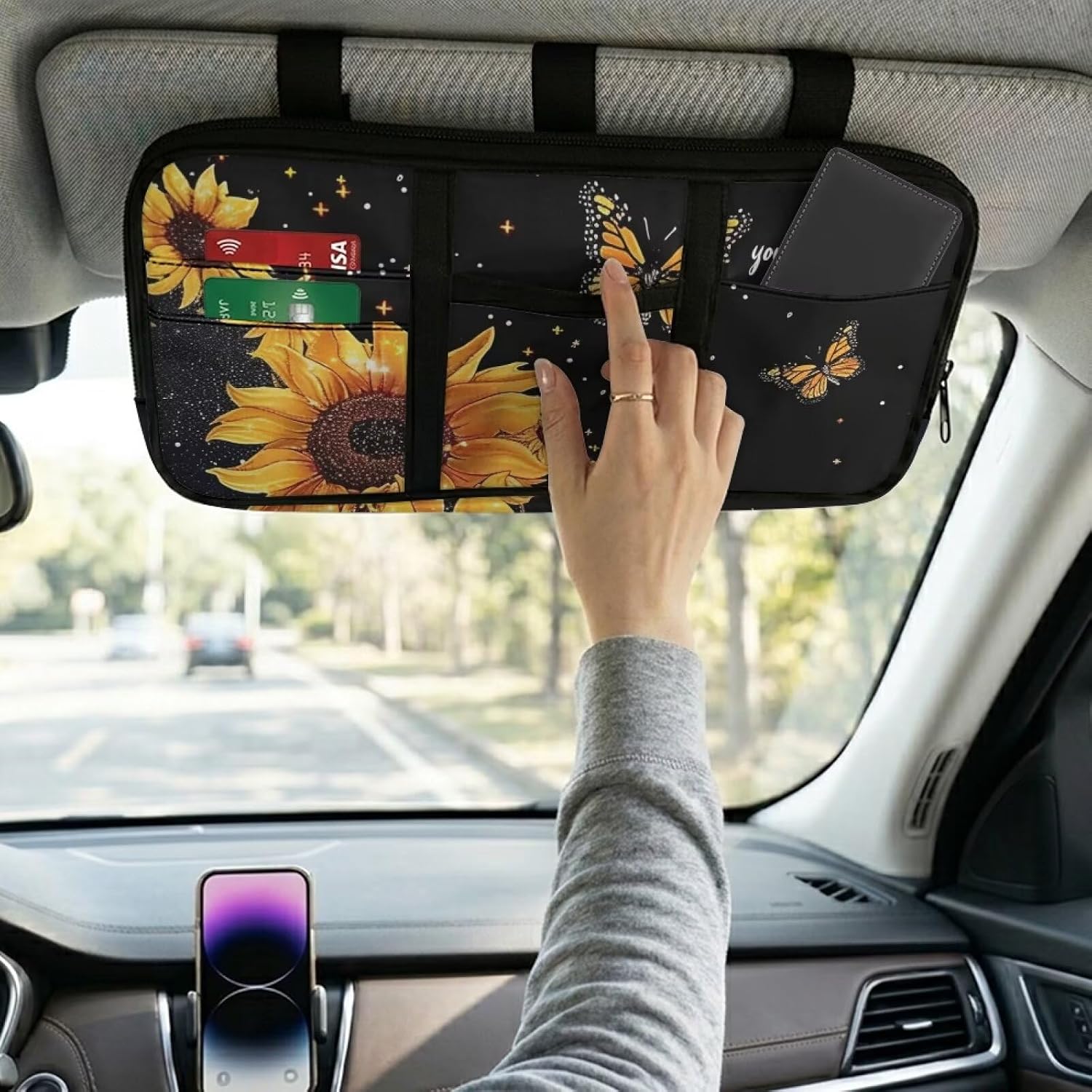 Sunflower Sun Visor Organizer Small Auto Interior Visor Storage Pouch Holder with Zipper Auto Sunshade Organizer Bag, Multi-Pocket Sunvisor Storage Fashion Car Accessories