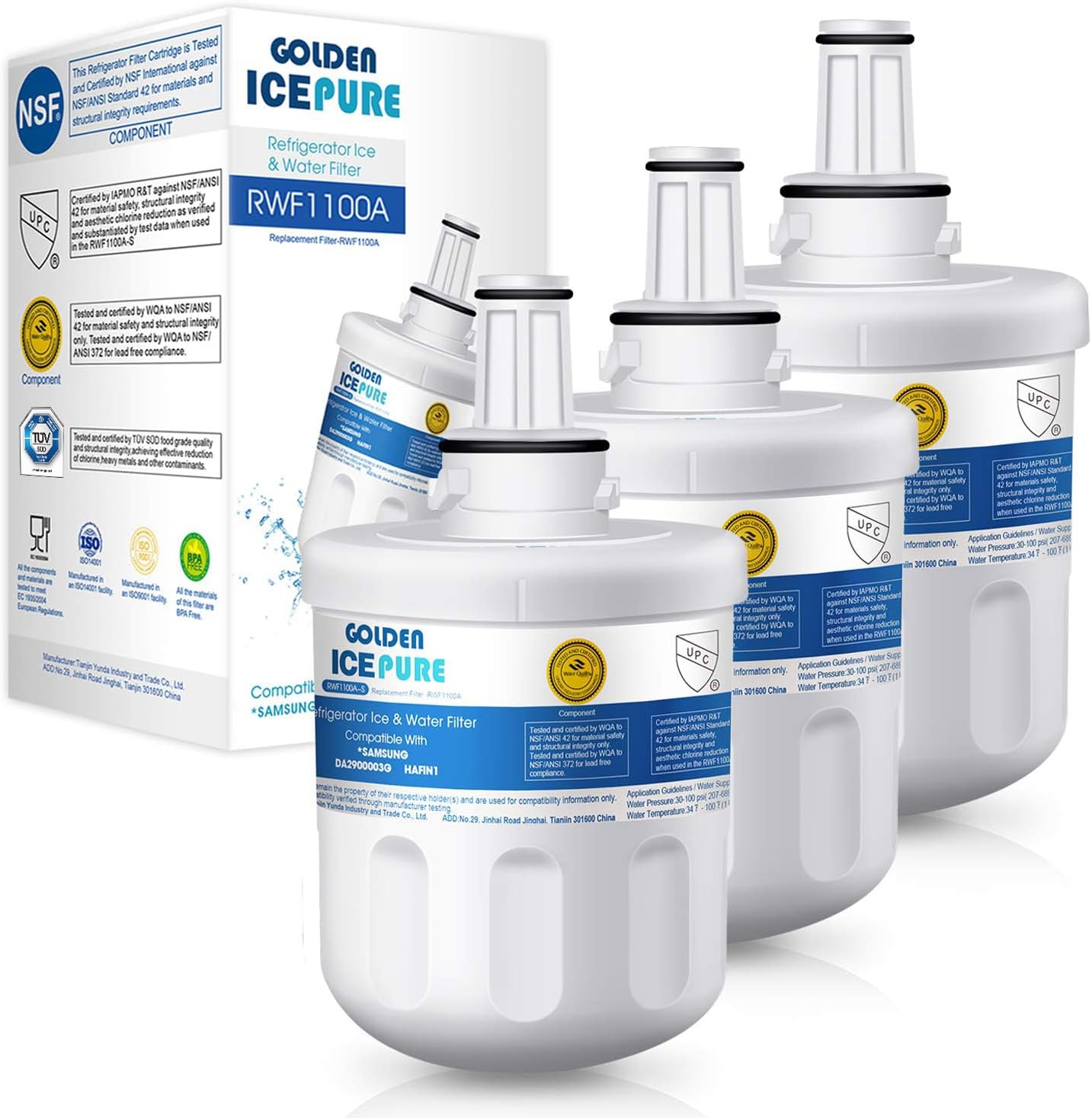 – GOLDEN ICEPURE Refrigerator Water Filter, Compatible with Samsung Fridge Filter Cartridges, Replacement for Samsung DA29-00003G DA29-00003F DA29-00003B DA29-00003A DA97-06317A HAFIN1, 3 Pack