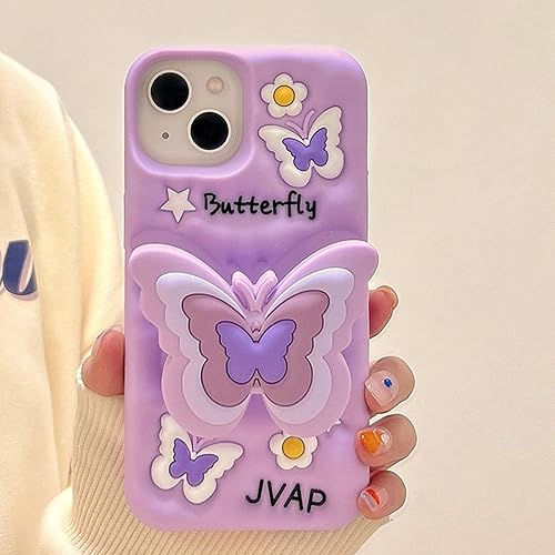 Miniatura 6 de YWYUHE Funda de teléfono de mariposa morada compatible con iPhone 1314, bonita funda de mariposa de dopamina de Corea 3D con soporte telescópico de