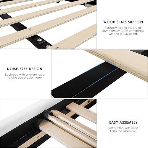 Miniatura 25 de TTVIEW Moderna base de cama tapizada de piel sintética con decoración de metal de hierro, cabecera curvada ajustable, soporte de listones de madera,