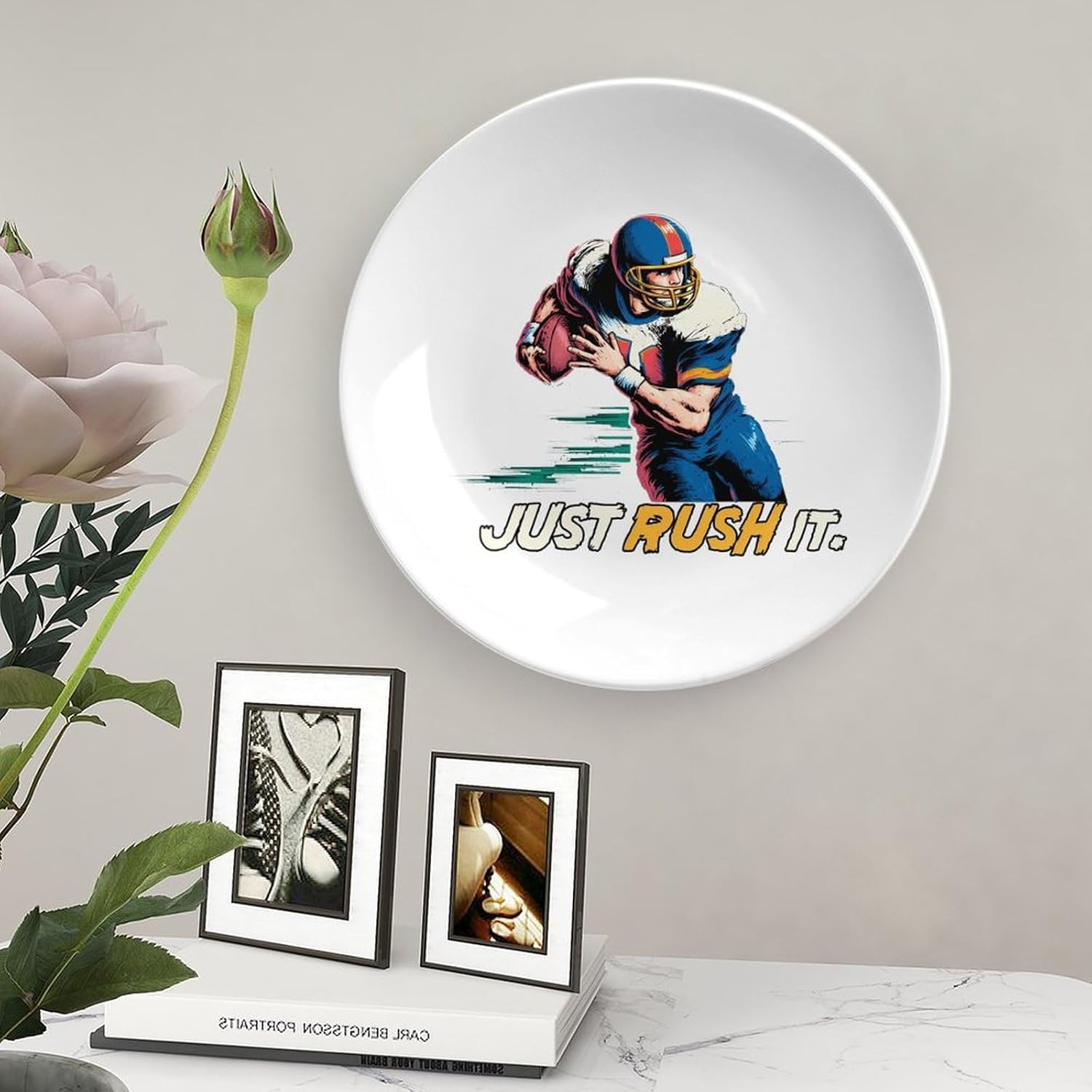 Just Rush It Football Player Decorative Plates for Display Ceramic Plate Tray with Stand Hanger Home Decor