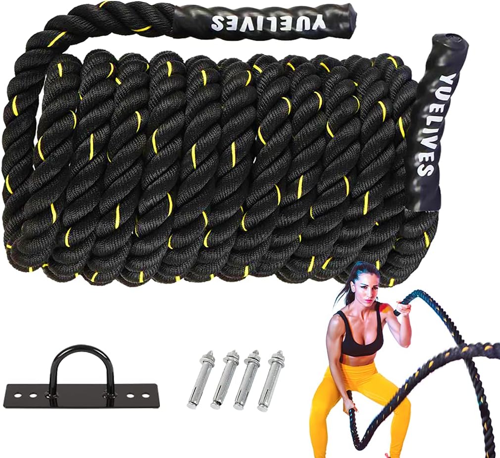 YUELIVES Battle Rope 1.5 Inch Heavy Workout Exercise Rope 30 Feet High Strength Polyester Rope for Strength Training, Home Gym Outdoor, Anchor Included : Sports & Outdoors