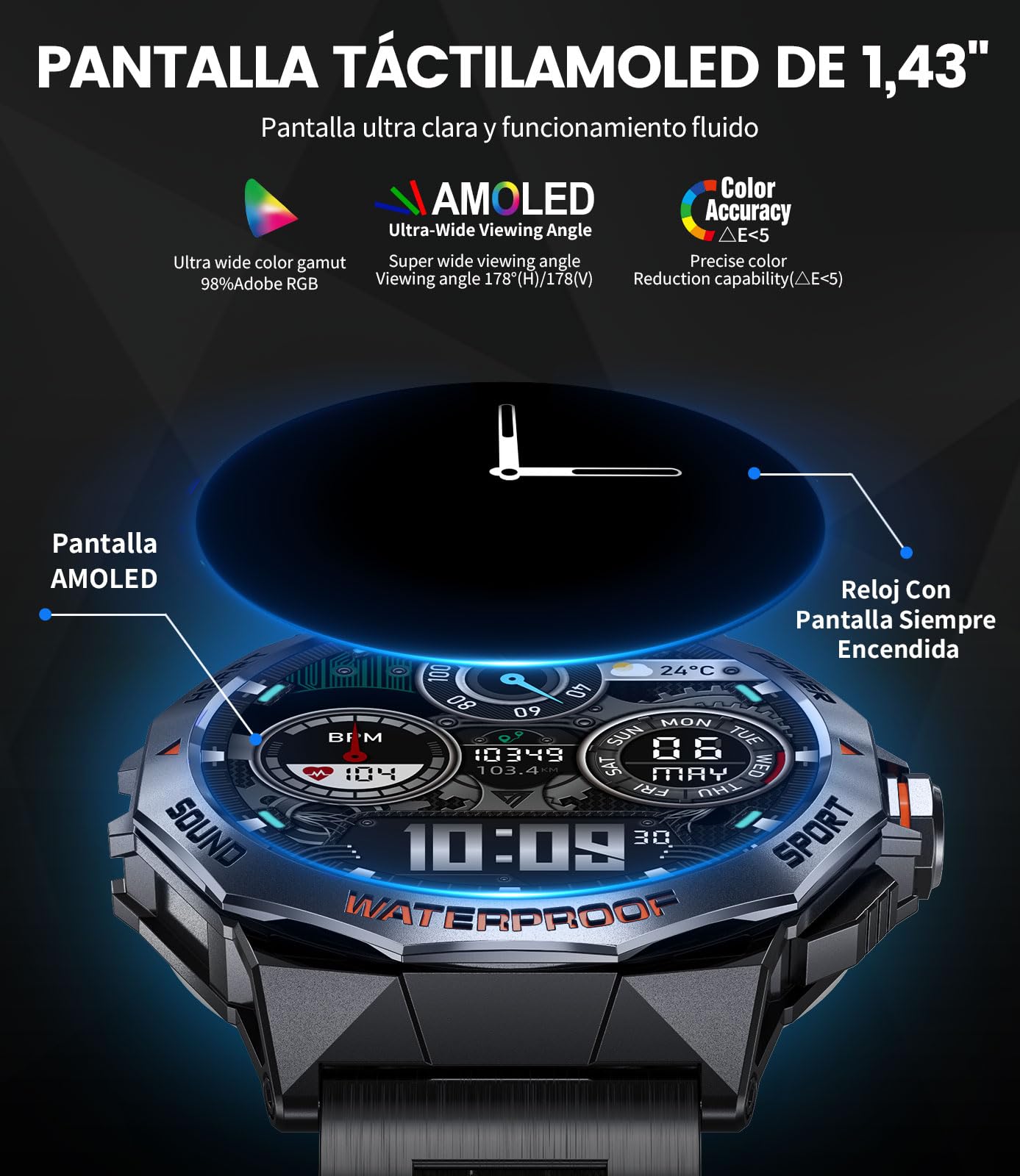 DREMAC Reloj Inteligente Hombre,1.43" AMOLED Smartwatch Militar con Llamadas Bluetooth,IP68 Impermeable, 120+ Modos Deporte,Pulsómetro Presión Arterial Monito de Sueño, Compatible con Android iOS