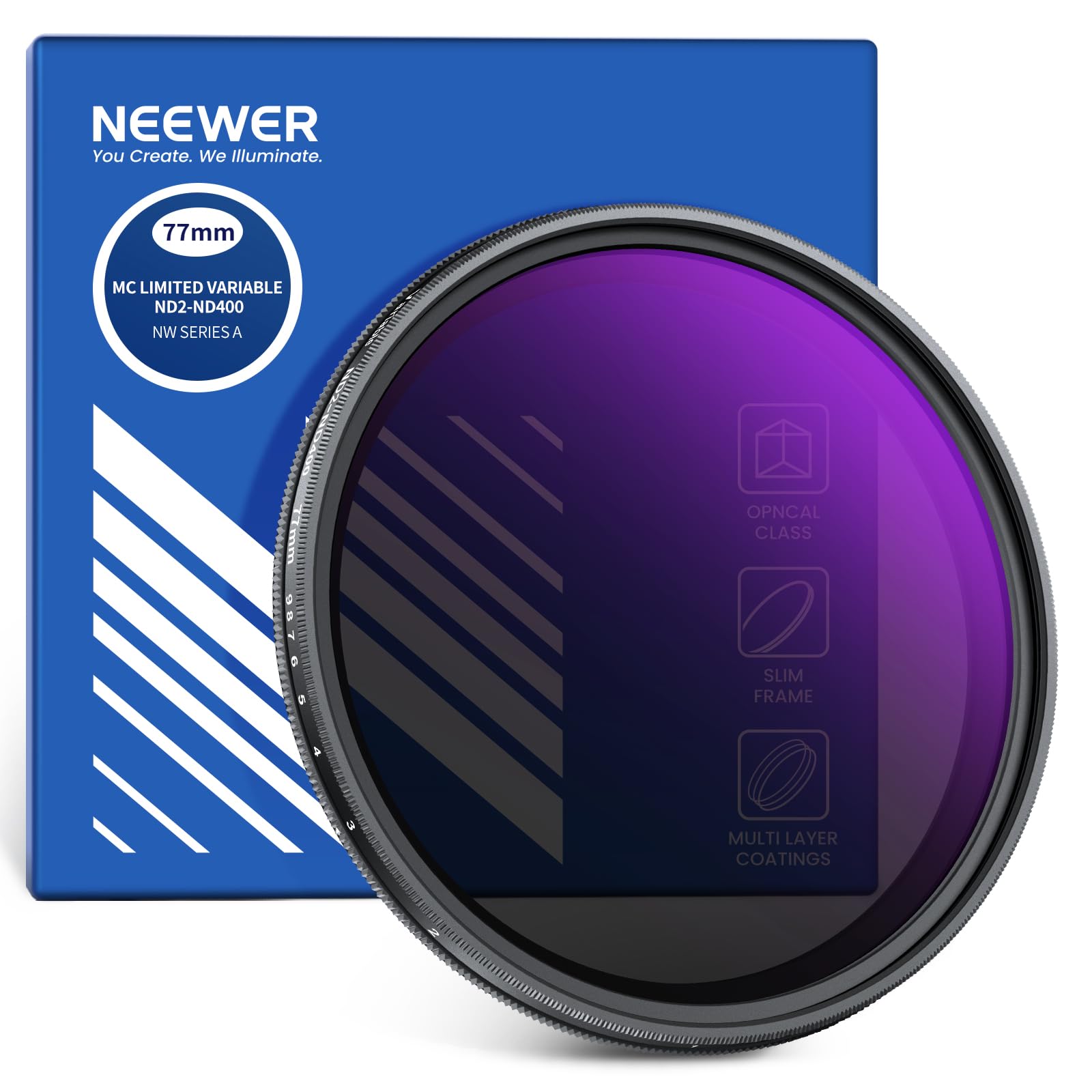 NEEWER Filtro ND2-ND400 Variabile, Filtro a Densità Neutra Regolabile Limitato con Stop Ripido, Vetro Ottico Antigraffio Idrorepellente Multistrato, Telaio Sottile in Alluminio, 77mm