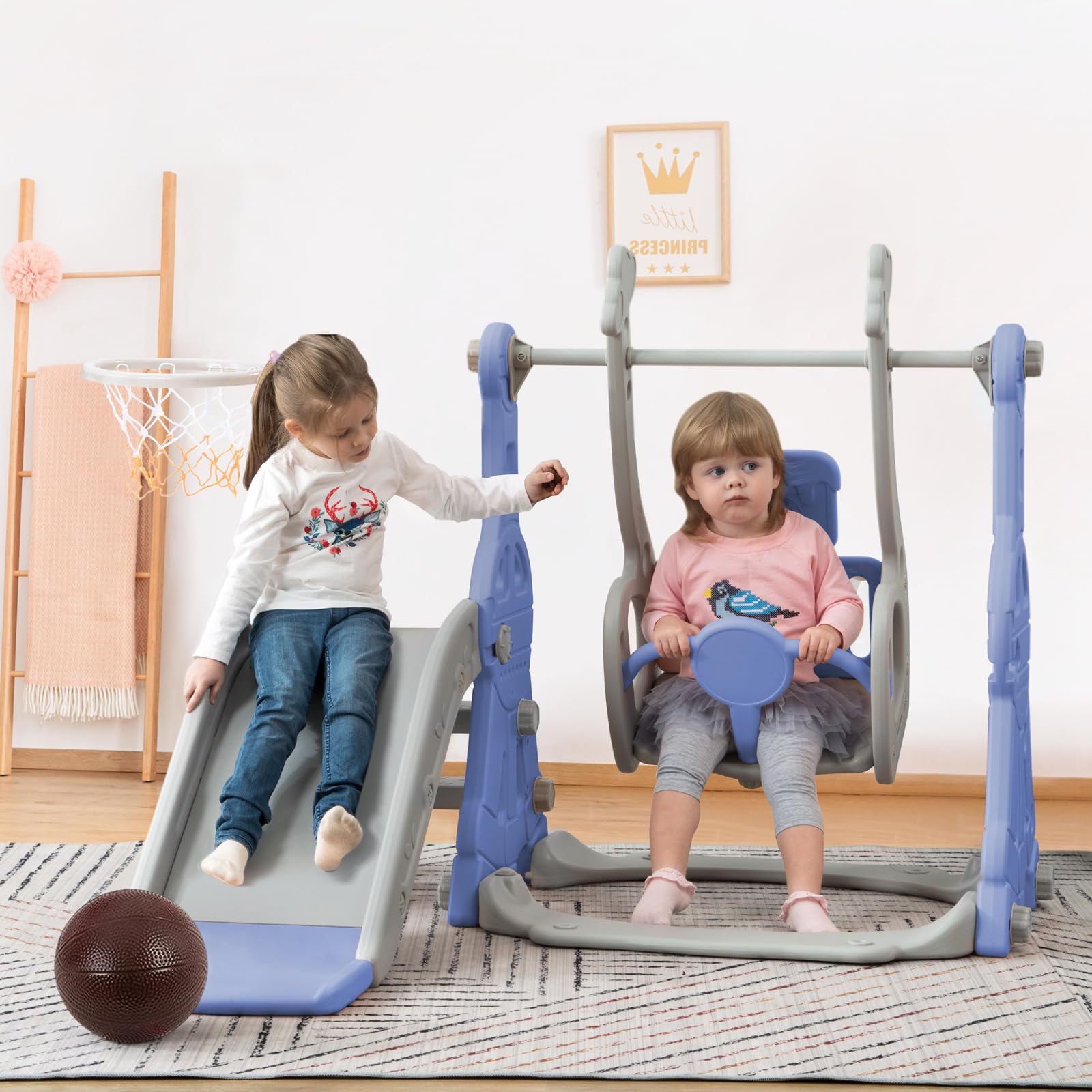 4-in-1 Rutsche für Babys und Kinder, Außenbereich, mit Schaukel, Treppe, Basketballkorb, freistehend (blau)