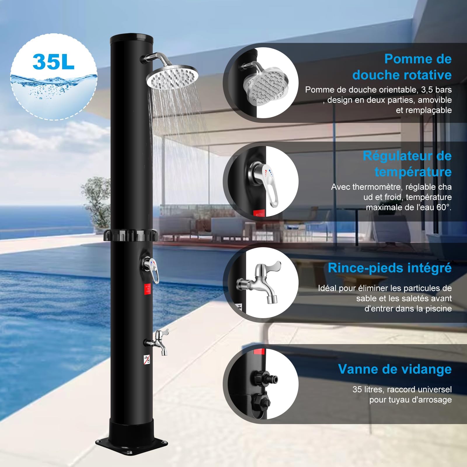 Solardusche 35 Liter Solardusche Garten Gartendusche Aussendusche mit Drehbarem Regenduschkopf und Wasserhahn, Pooldusche Camping Dusche Warmwasser bis 60°C, Ohne Stromanschluss (Mit Abdeckung)