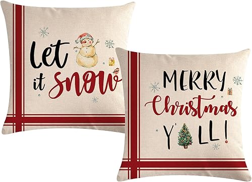 Paquete de 2 fundas de almohada de Feliz Navidad, colorido árbol de Navidad, rayas rojas Let It SnowCopo de nieve, fundas de almohada decorativas de