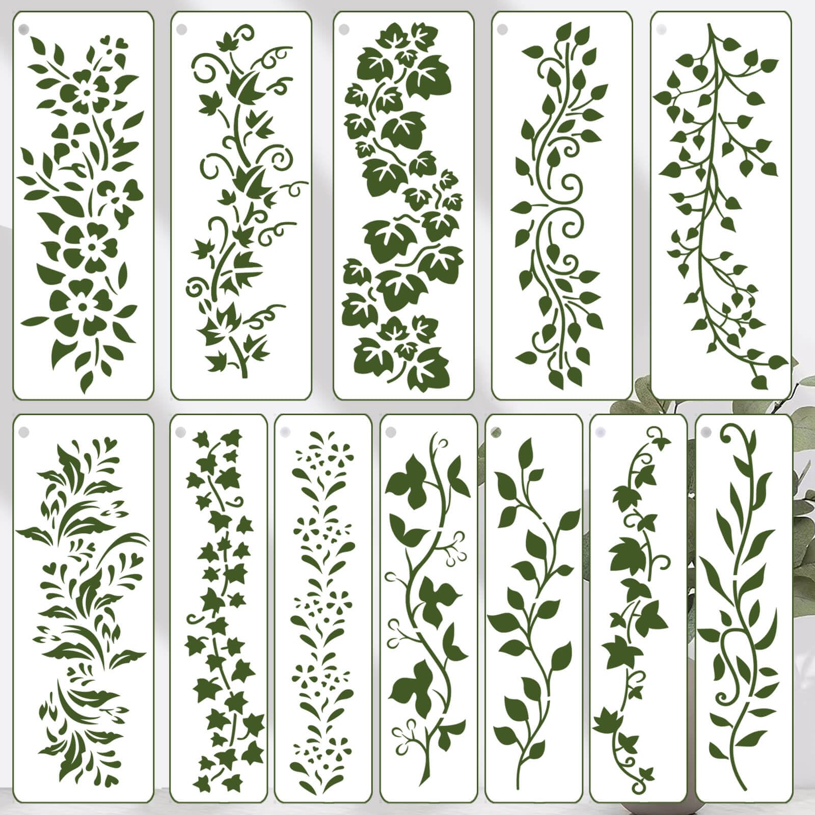 Paquete de 12 plantillas de hojas de vid, plantillas de dibujo para manualidades, plantillas reutilizables para pintar en madera, pared, tela, lienzo, muebles, decoración del hogar (vid)