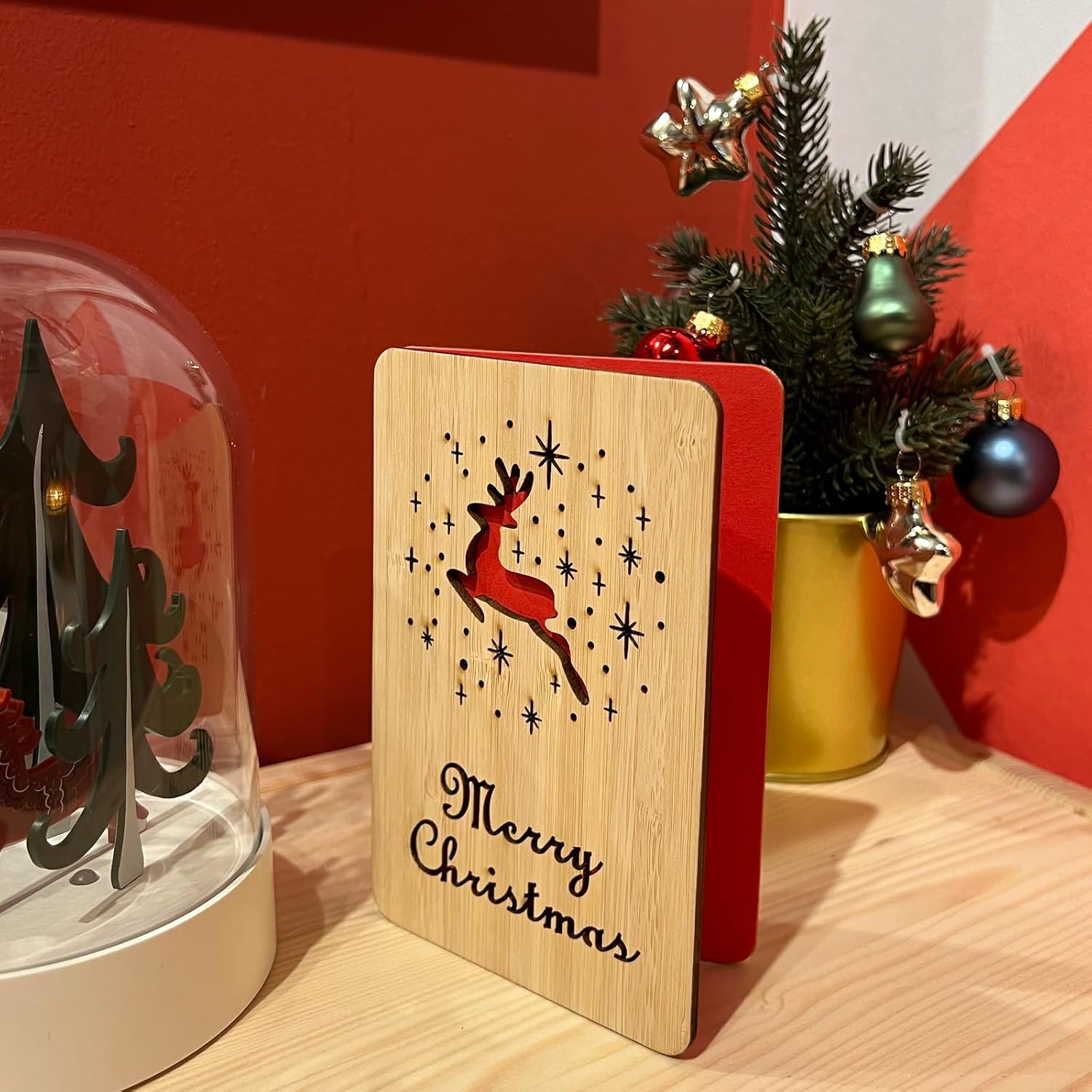 Wooden Christmas Greeting Card,Handmade Reindeer Pattern Greeting Card,Merry Christmas Card For Friends,Family