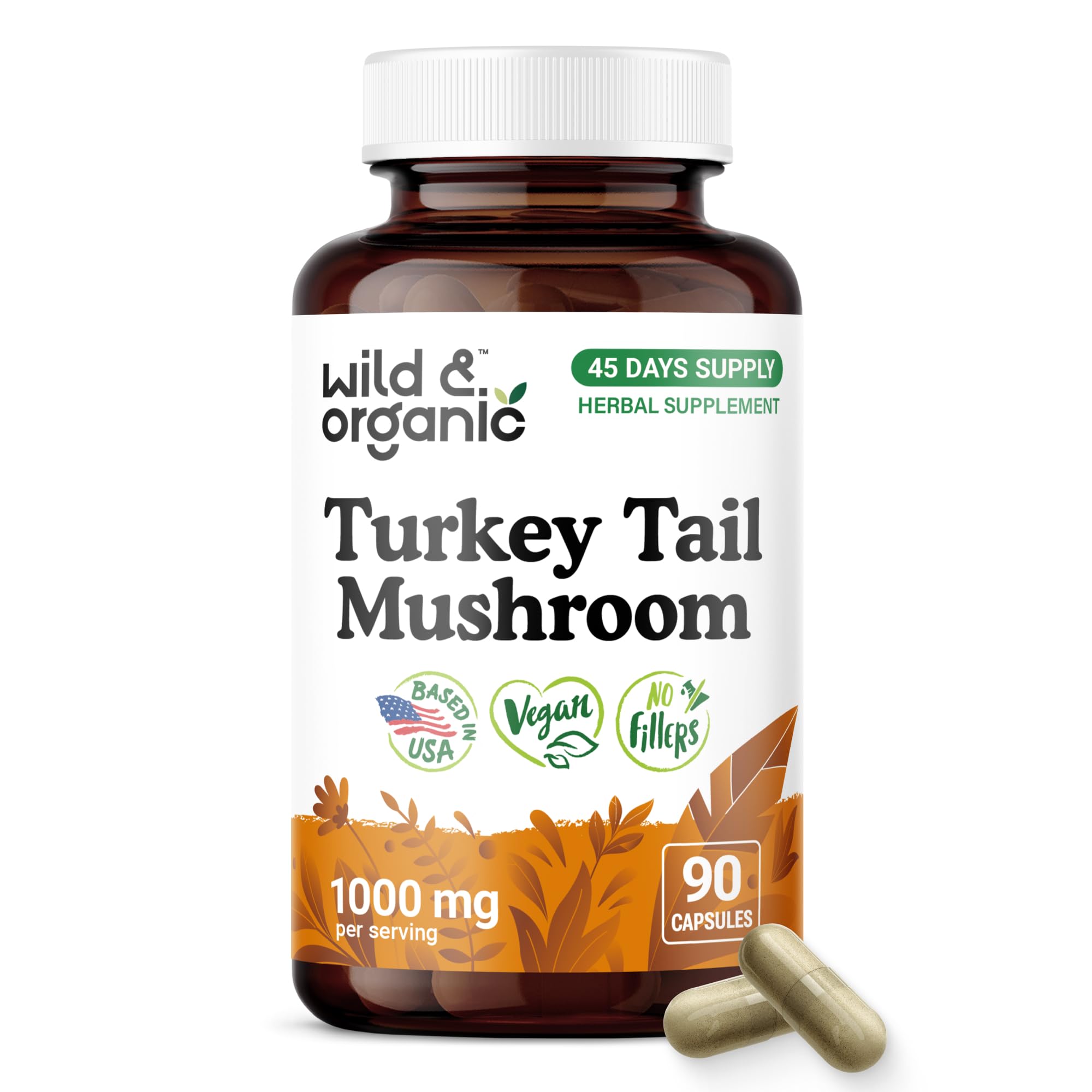 Wild & Organic Turkey Tail Capsules 1000 mg - Immune Support - 90 Count 90 Count (Pack of 1)