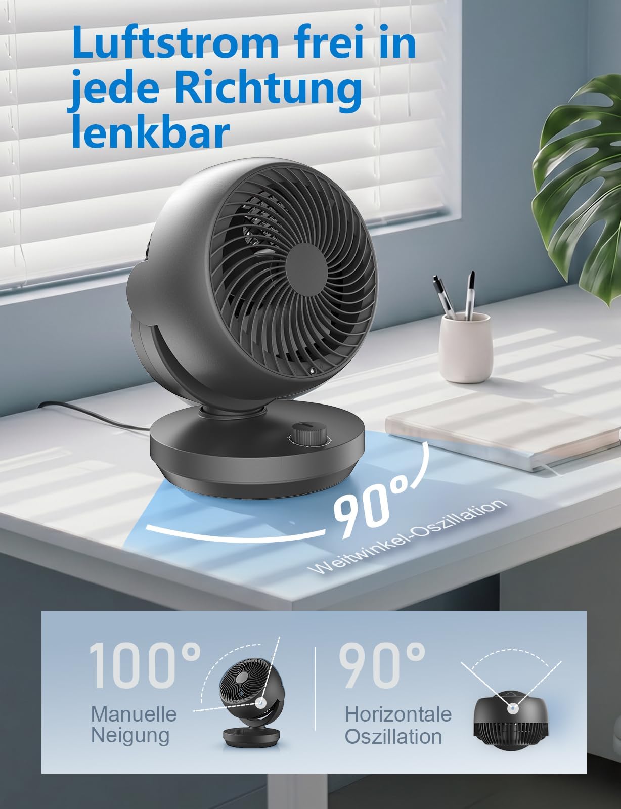 Ventilator Leise, 22dB Tischventilator mit Luftzirkulation, Leistungsstarken 3D Turbo Air Circulator, 3 Stufen & 100°/90° Verstellbarer Neigung, für Schlafzimmer, Büro und Wohnzimmer bis 21m², Schwarz