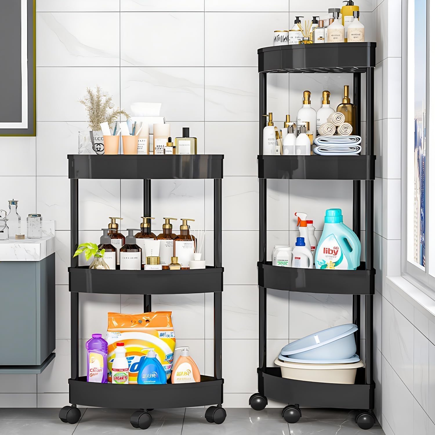 Fohome Shower Caddy Corner Shelves, Bathroom Shelving Unit Cart with Wheel, Plastic Shower Caddy Organizer Shelf, Rust Proof Corner Open Storage Cart for Bathroom, Kitchen, Laundry (Black, 3-Tier)