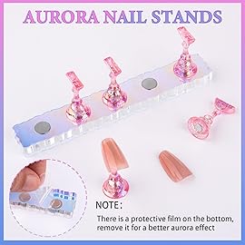 Nail Stand Acrylic Nail Art Display Stand Magnetic Nail Tips Practice Holder 54 Pcs Reusable Adhesive Putty for DIY Painting Nails Stand kit (Aurora Pink A)