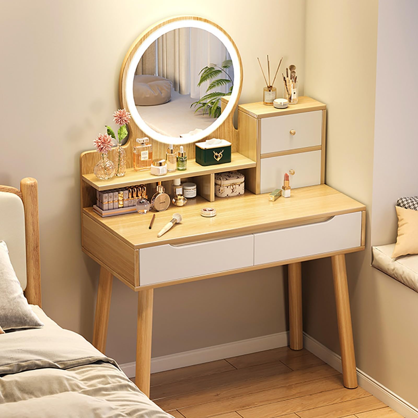Bureau cosmétique avec table de maquillage lumineuse à LED pour sublimer votre chambre chaque matin