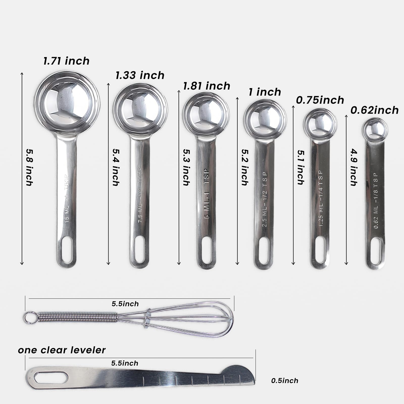 8pcs measuring spoons set,stainless steel small measuring spoons,with Leveler and whisk,Teaspoon for Dry or Liquid Ingredients,For Baking Cooking