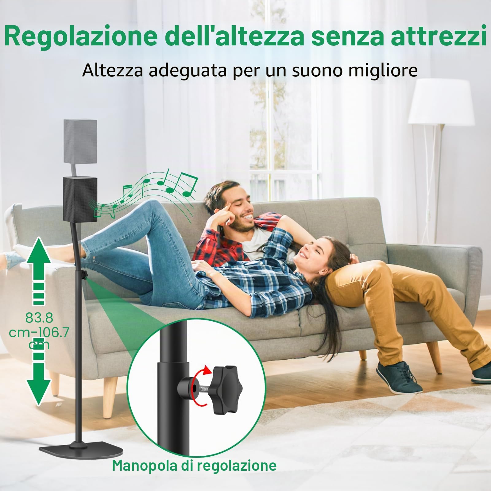 Supporti universali per altoparlanti, montaggio a parete regolabile in altezza da 33" a 42", compatibile con altoparlanti surround Samsung, base stabile e gestione dei cavi, supporta fino a 30 libbre