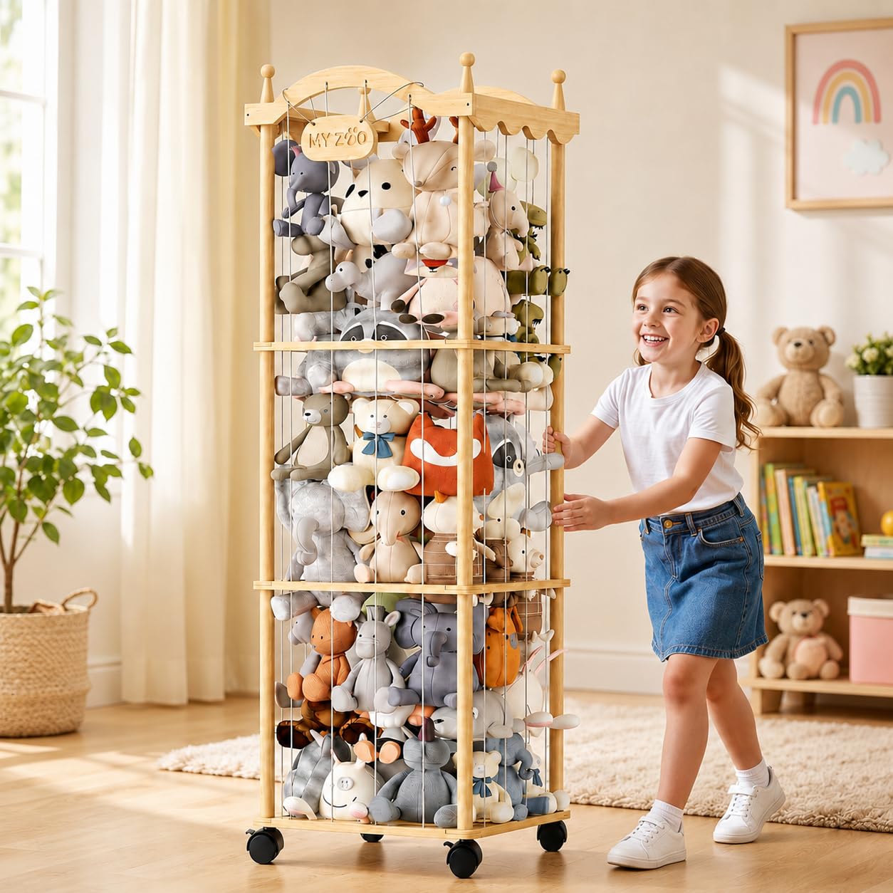 Holz Kuscheltier Aufbewahrung, 3-Etagen Plüschtier Lagerung Holzregal, Stofftier Aufbewahrung mit 360°Rädern, 140cm Groß Plüschtier Spielzeug Organizer für Spielzimmer, Kinderzimmer, Schlafzimmer