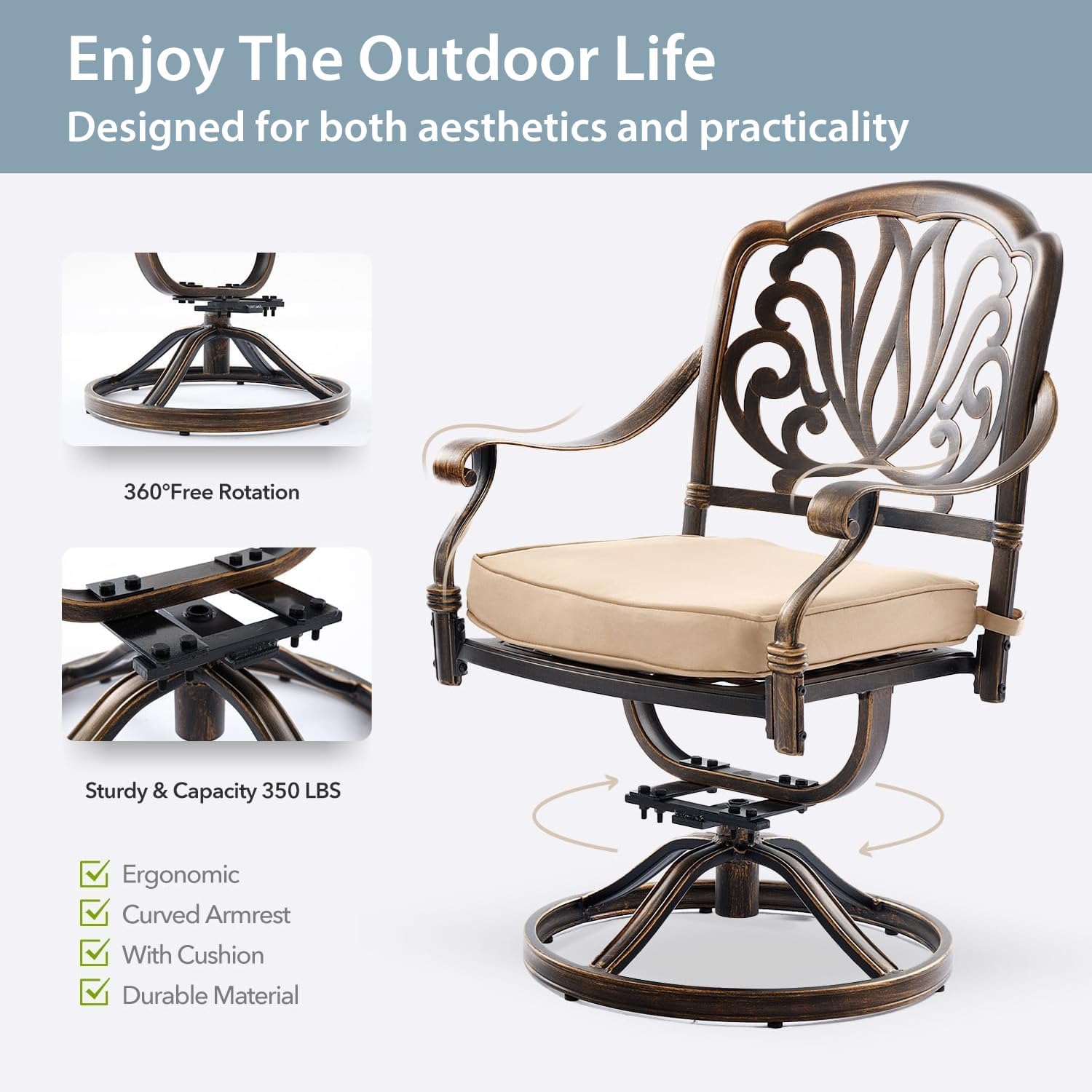 9-Piece Cast Aluminum Patio Furniture, Outdoor Dining Sets for 8 Include 87" Rectangular Patio Dining Table, 6 Stackable Chairs & 2 Swivel Chairs with Cushions & Umbrella Hole(Bronze)